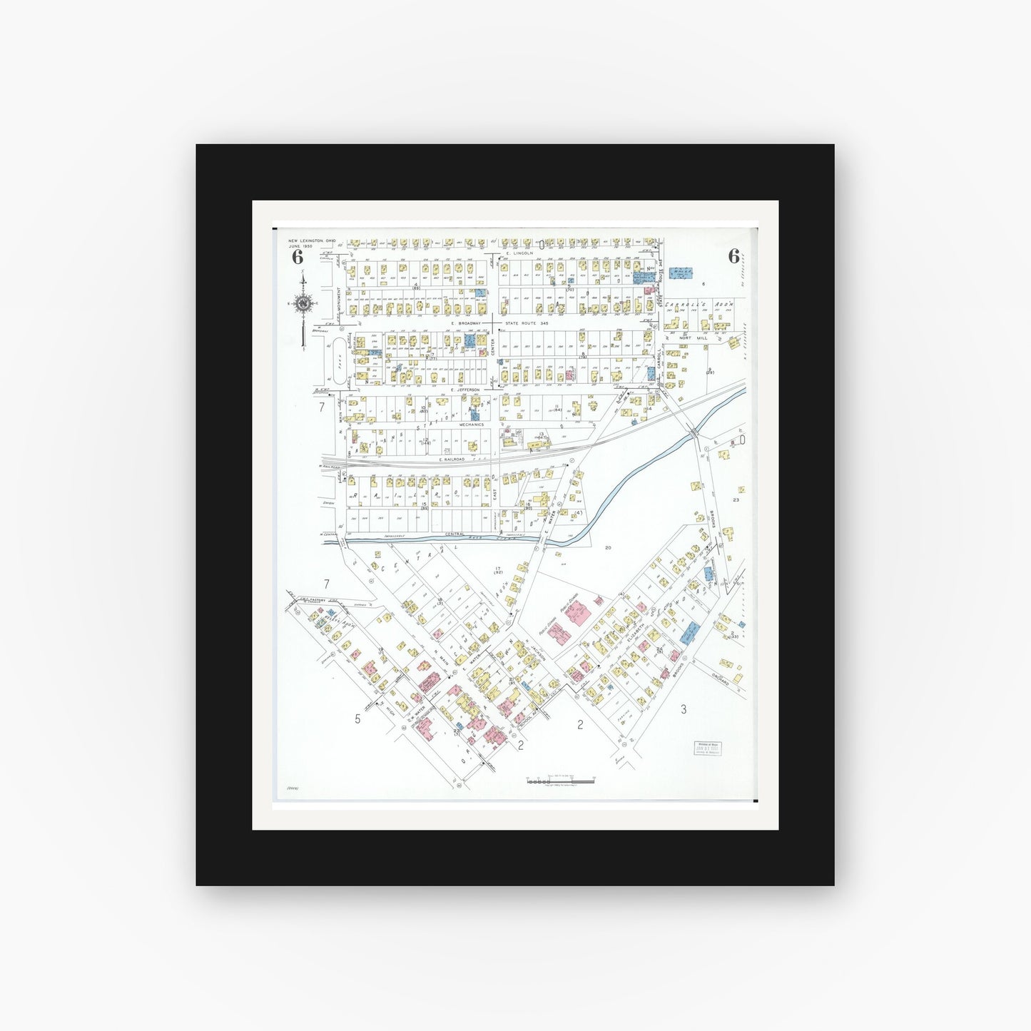 Old map wall art mockup — black gallery frame with white mat — Sanborn Fire Insurance Map from New Lexington, Perry County, Ohio (1950), Sheet #0006