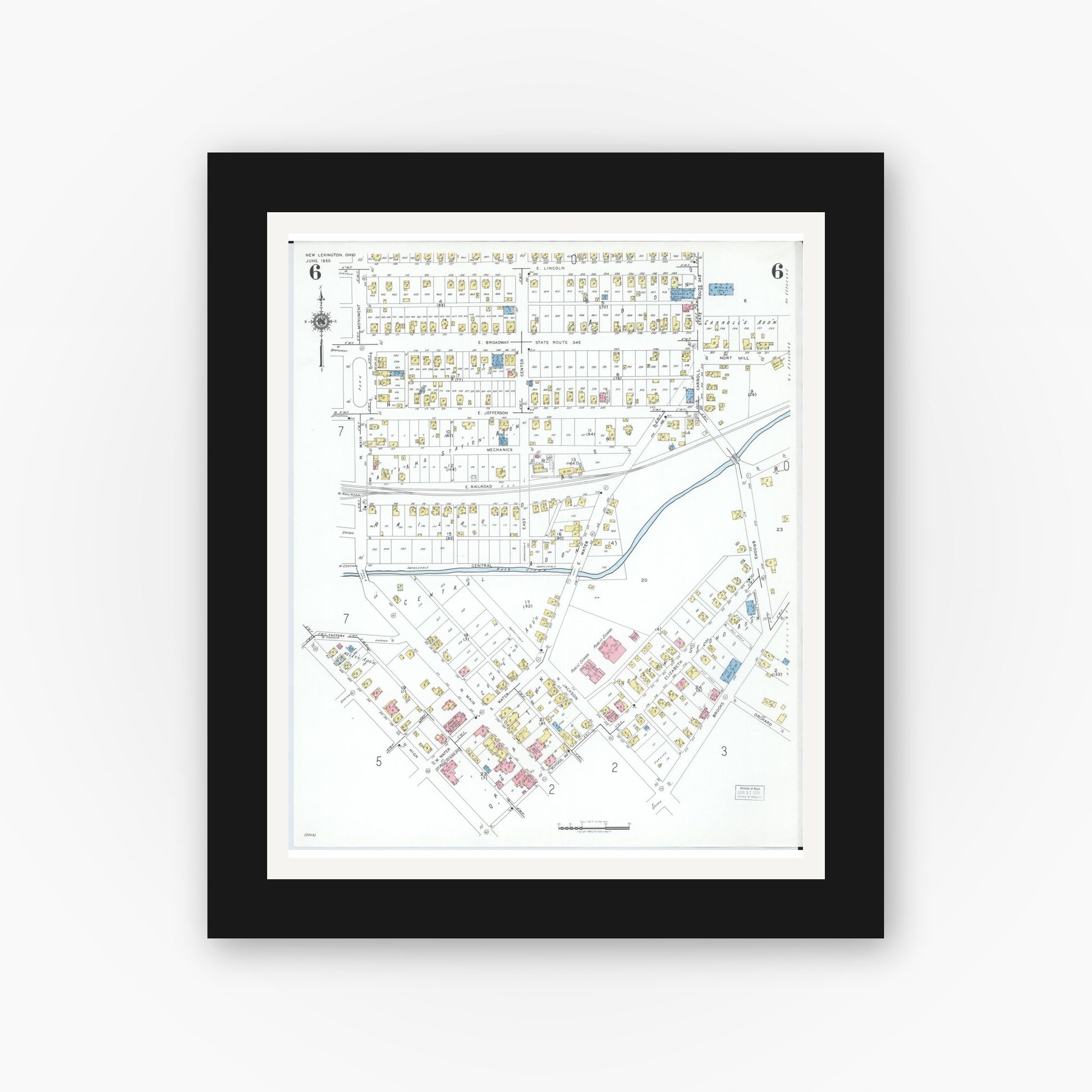 Old map wall art mockup — black gallery frame with white mat — Sanborn Fire Insurance Map from New Lexington, Perry County, Ohio (1950), Sheet #0006