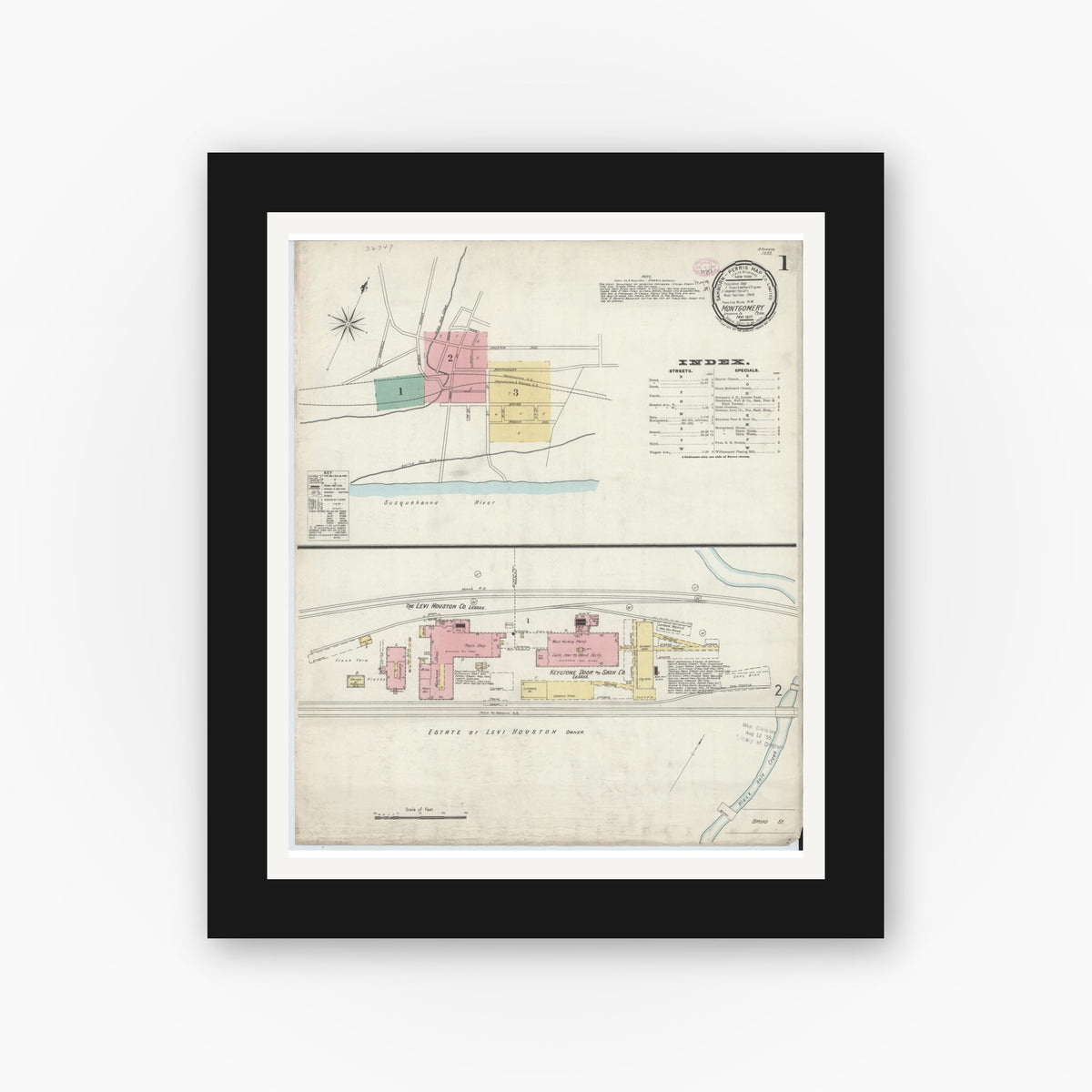 Old map wall art mockup — black gallery frame with white mat — Sanborn Fire Insurance Map from Montgomery, Lycoming County, Pennsylvania (1897) - Complete Map Set