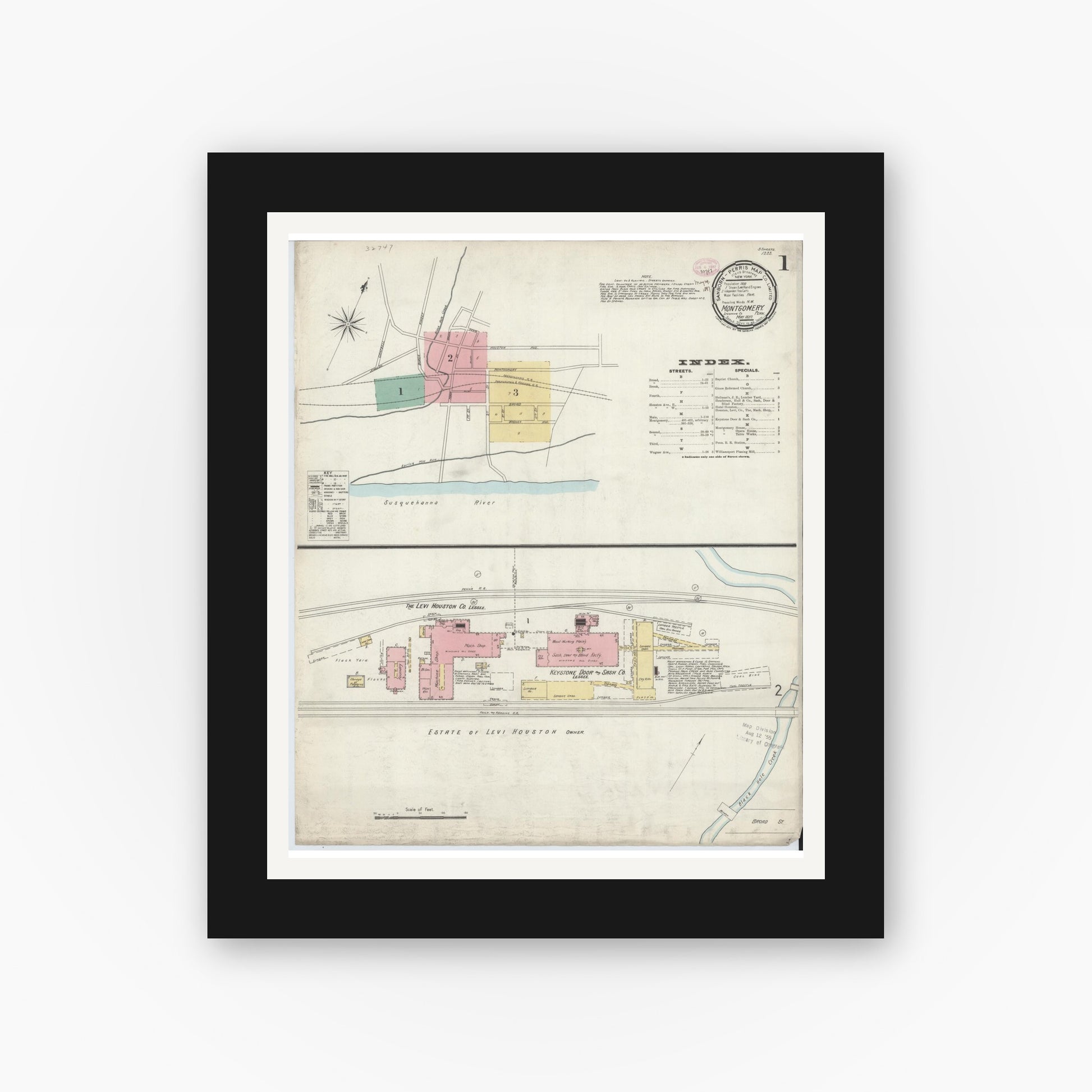 Old map wall art mockup — black gallery frame with white mat — Sanborn Fire Insurance Map from Montgomery, Lycoming County, Pennsylvania (1897) - Complete Map Set