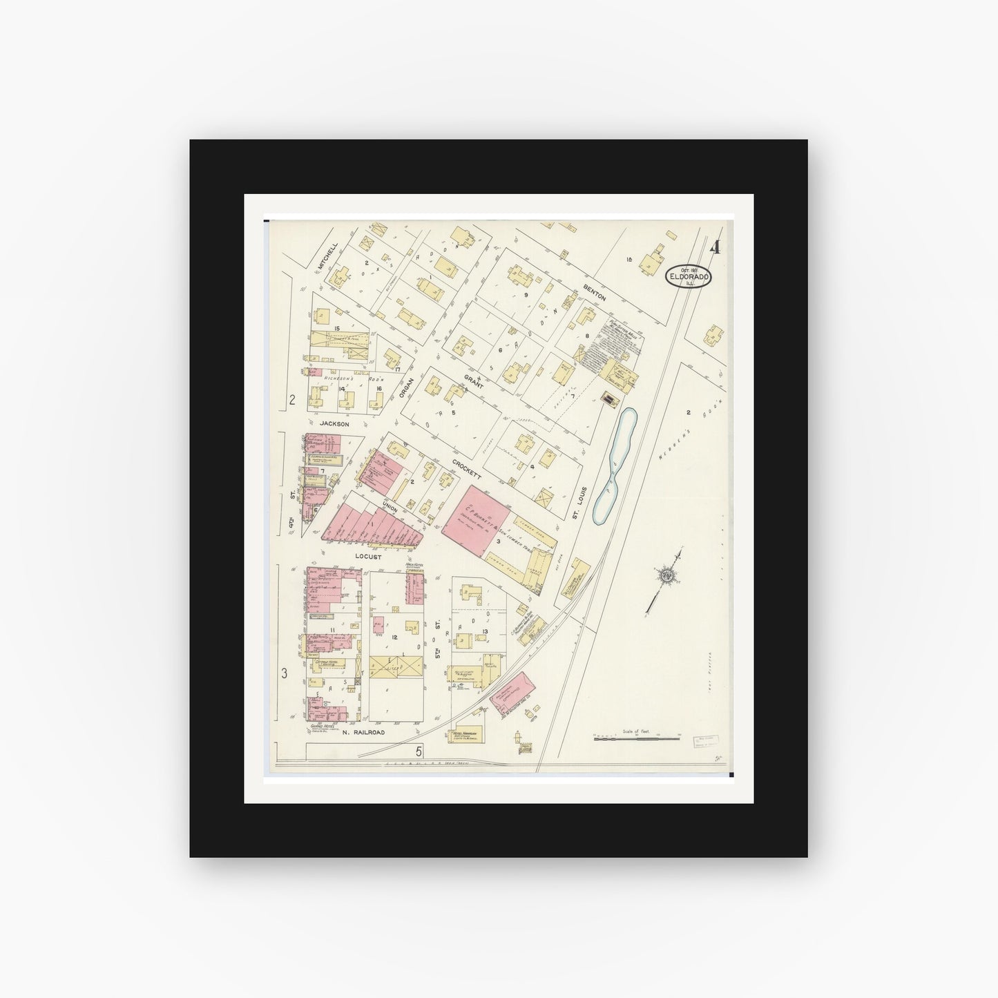 Old map wall art mockup — black gallery frame with white mat — Sanborn Fire Insurance Map from Eldorado, Saline County, Illinois (1911), Sheet #0004