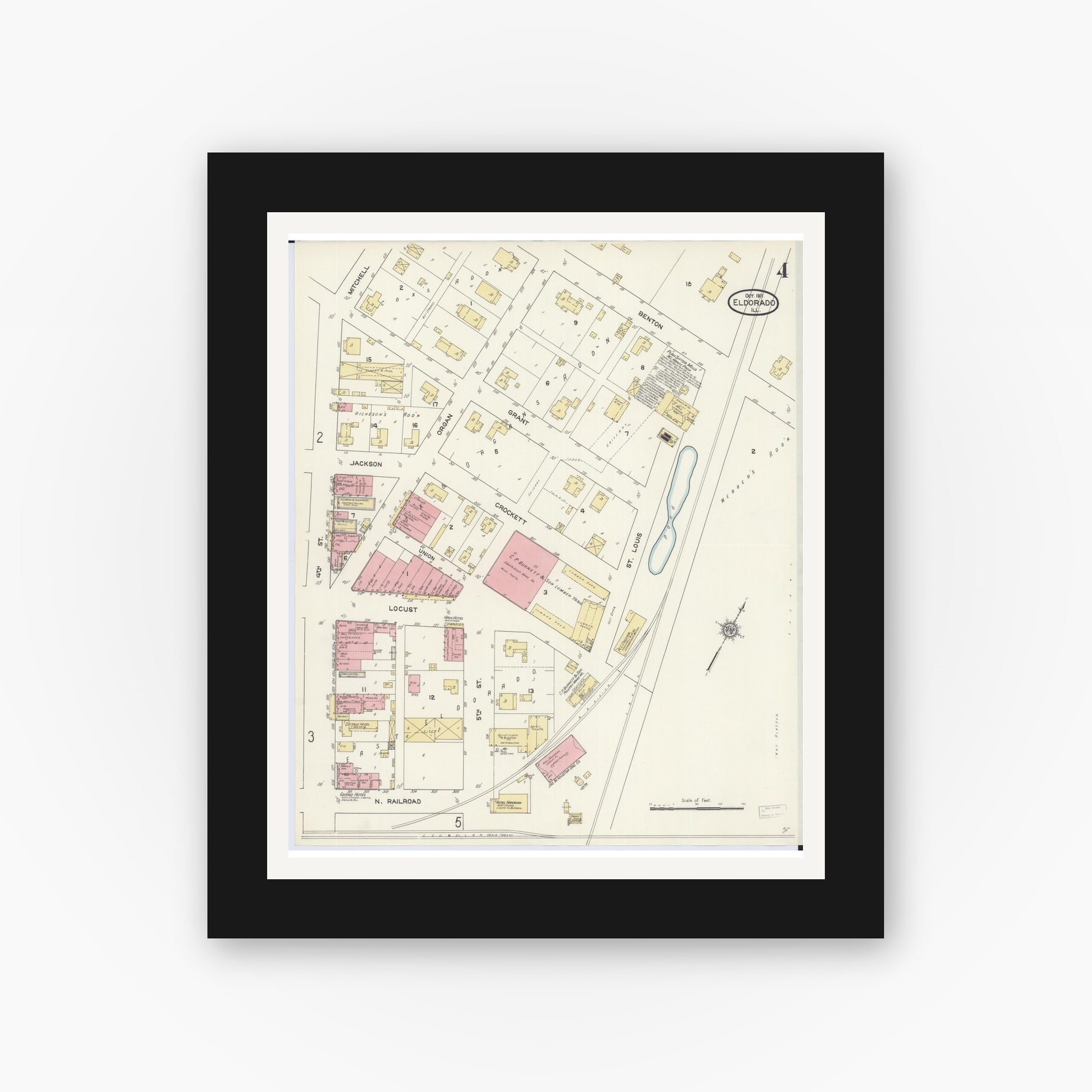 Old map wall art mockup — black gallery frame with white mat — Sanborn Fire Insurance Map from Eldorado, Saline County, Illinois (1911), Sheet #0004