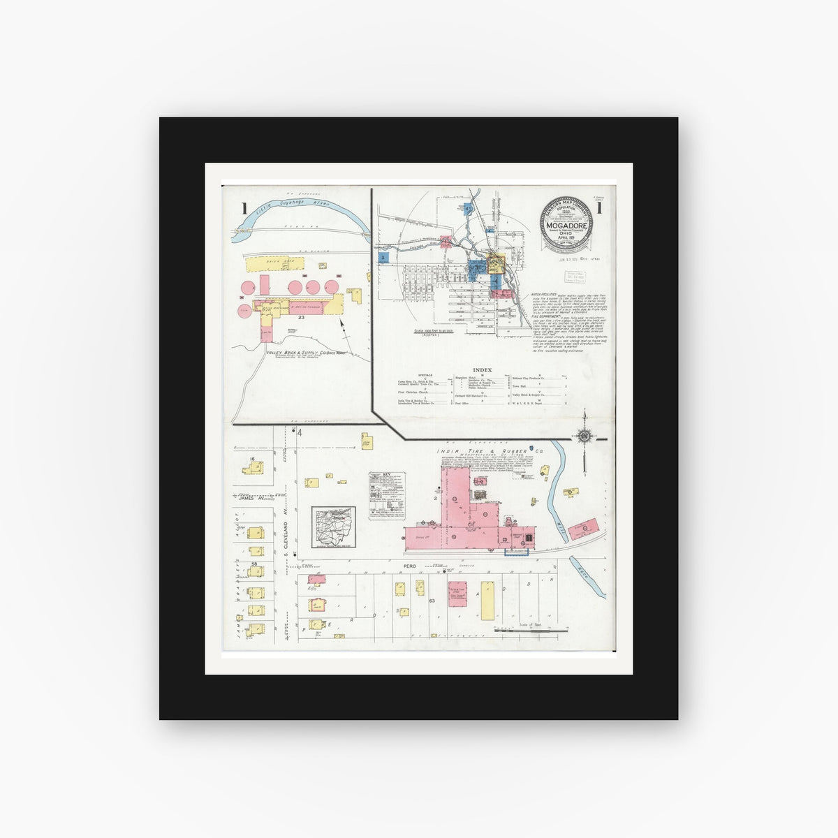 Old map wall art mockup — black gallery frame with white mat — Sanborn Fire Insurance Map from Mogadore, Summit And Portage Counties, Ohio (1929) - Complete Map Set