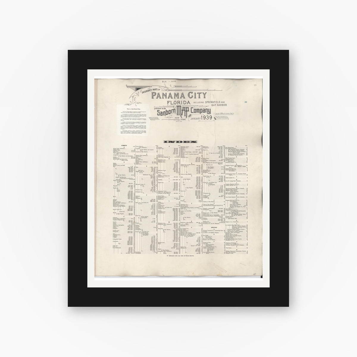 Old map wall art mockup — black gallery frame with white mat — Sanborn Fire Insurance Map from Panama City, Bay County, Florida (1950), Sheet #0001