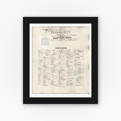 Old map wall art mockup — black gallery frame with white mat — Sanborn Fire Insurance Map from Panama City, Bay County, Florida (1950), Sheet #0001
