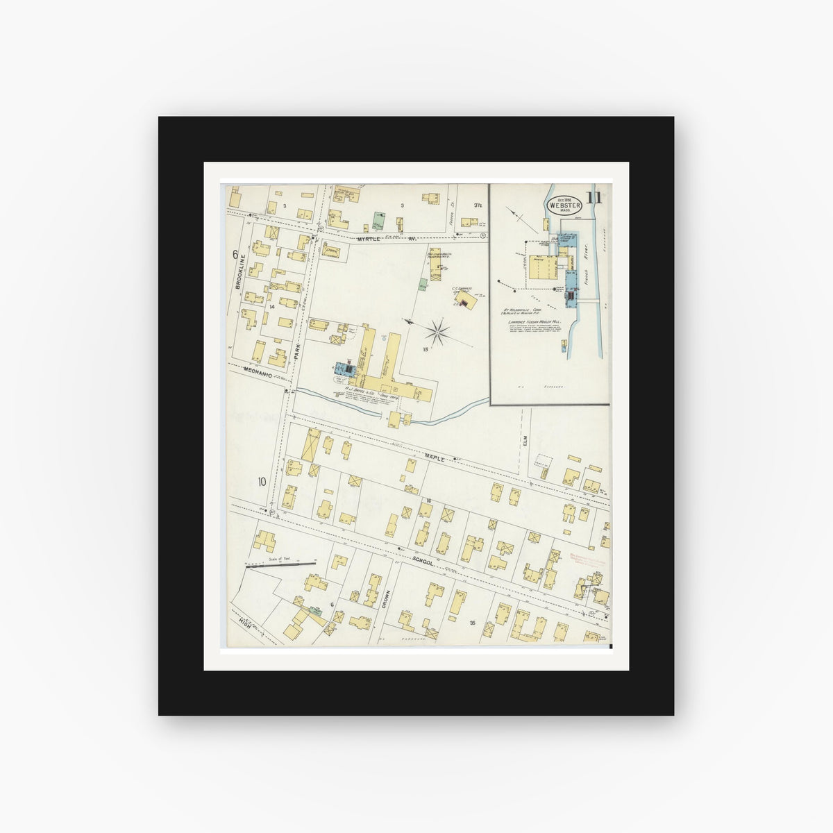Old map wall art mockup — black gallery frame with white mat — Sanborn Fire Insurance Map from Webster, Worcester County, Massachusetts (1898), Sheet #0011