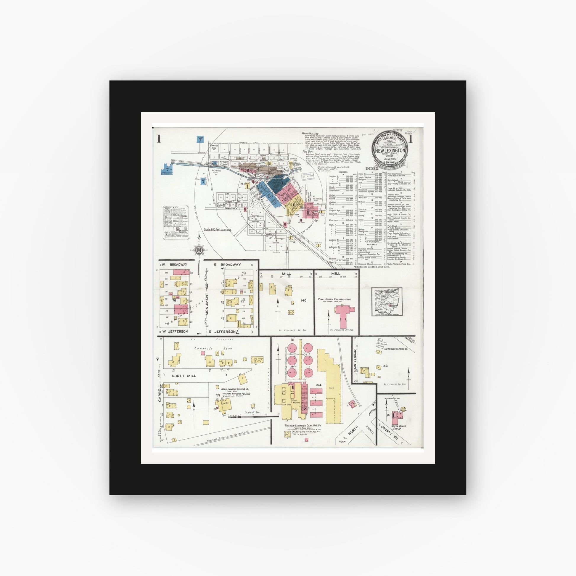 Old map wall art mockup — black gallery frame with white mat — Sanborn Fire Insurance Map from New Lexington, Perry County, Ohio (1926) - Complete Map Set