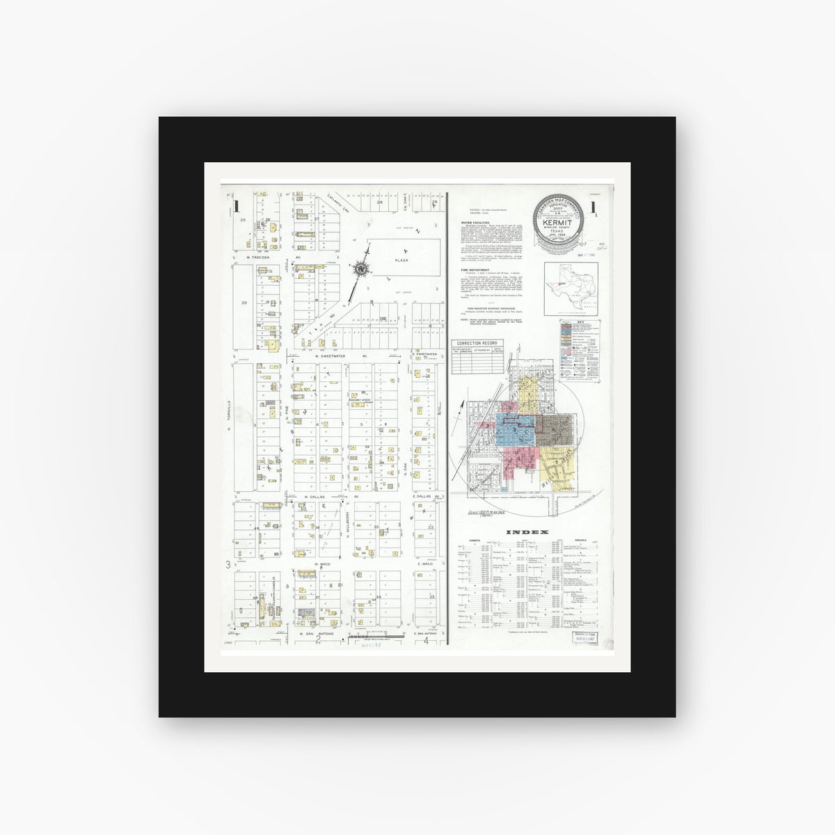 Old map wall art mockup — black gallery frame with white mat — Sanborn Fire Insurance Map from Kermit, Winkler County, Texas (1946) - Complete Map Set