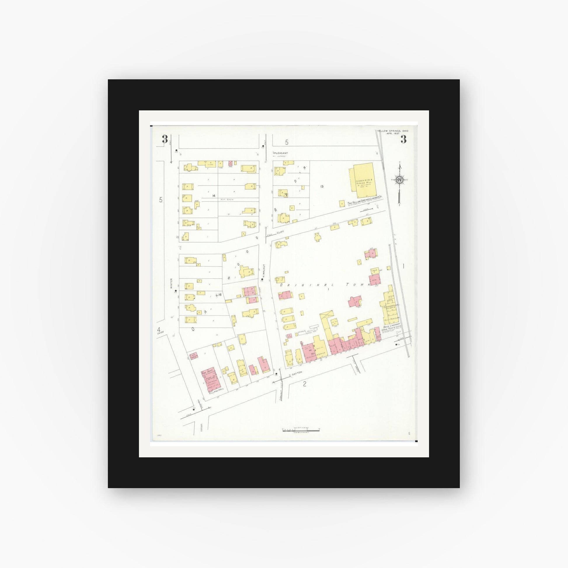 Old map wall art mockup — black gallery frame with white mat — Sanborn Fire Insurance Map from Yellow Springs, Greene County, Ohio (1937), Sheet #0003