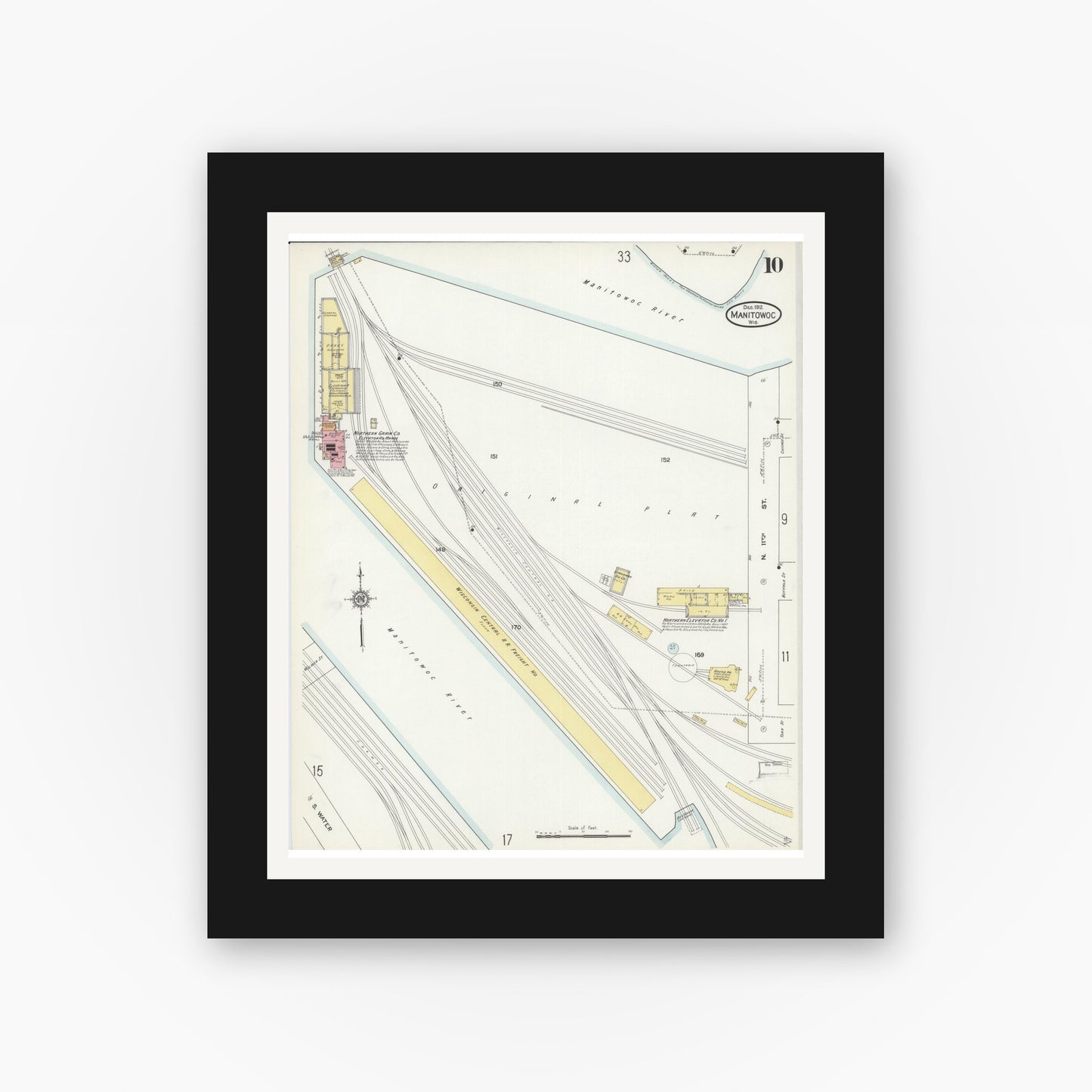 Old map wall art mockup — black gallery frame with white mat — Sanborn Fire Insurance Map from Manitowoc, Manitowoc County, Wisconsin (1912), Sheet #0010