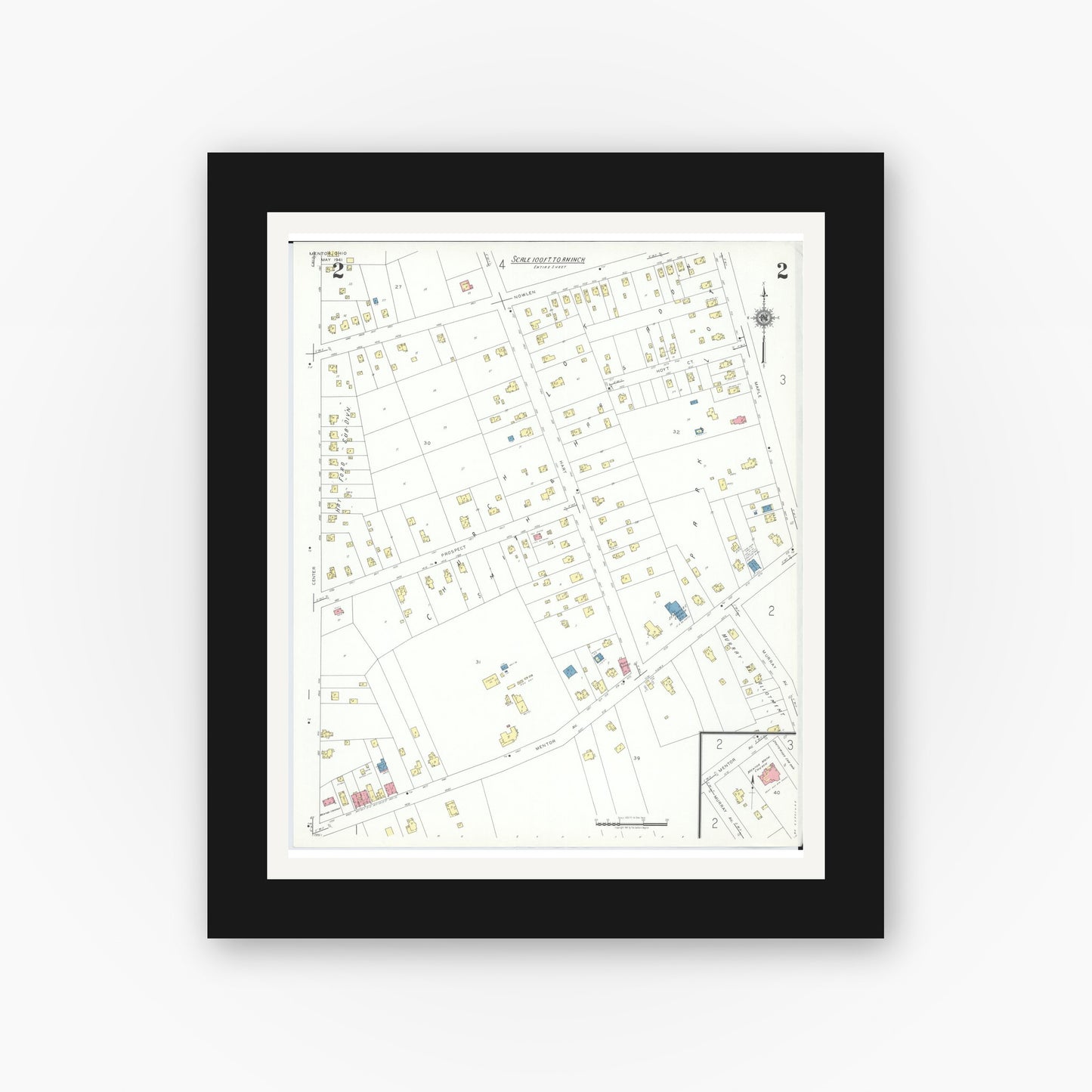 Old map wall art mockup — black gallery frame with white mat — Sanborn Fire Insurance Map from Mentor, Lake County, Ohio (1941), Sheet #0002