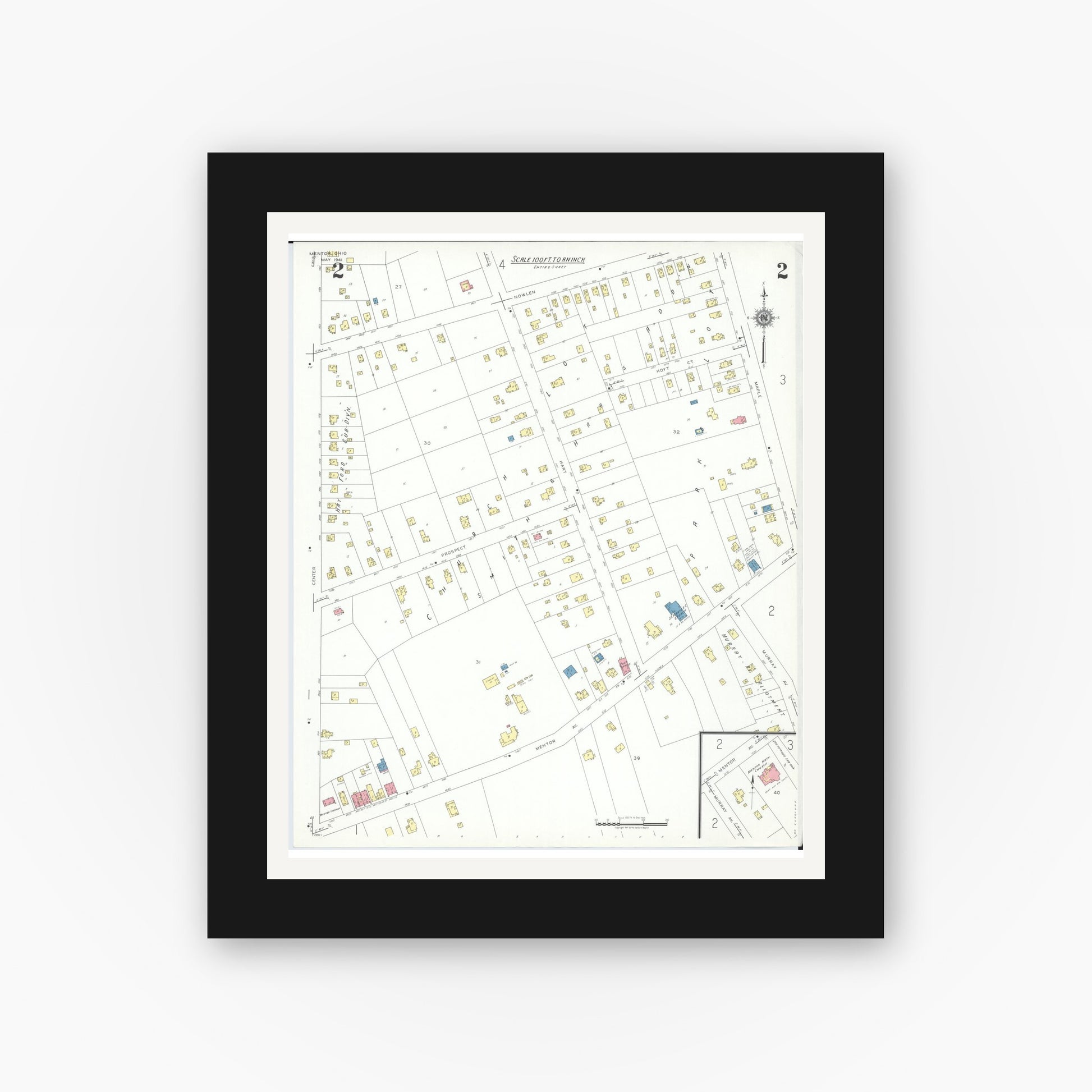 Old map wall art mockup — black gallery frame with white mat — Sanborn Fire Insurance Map from Mentor, Lake County, Ohio (1941), Sheet #0002