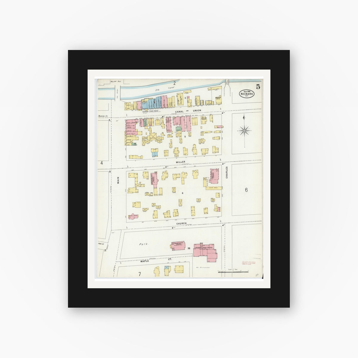 Old map wall art mockup — black gallery frame with white mat — Sanborn Fire Insurance Map from Newark, Wayne County, New York (1898), Sheet #0005