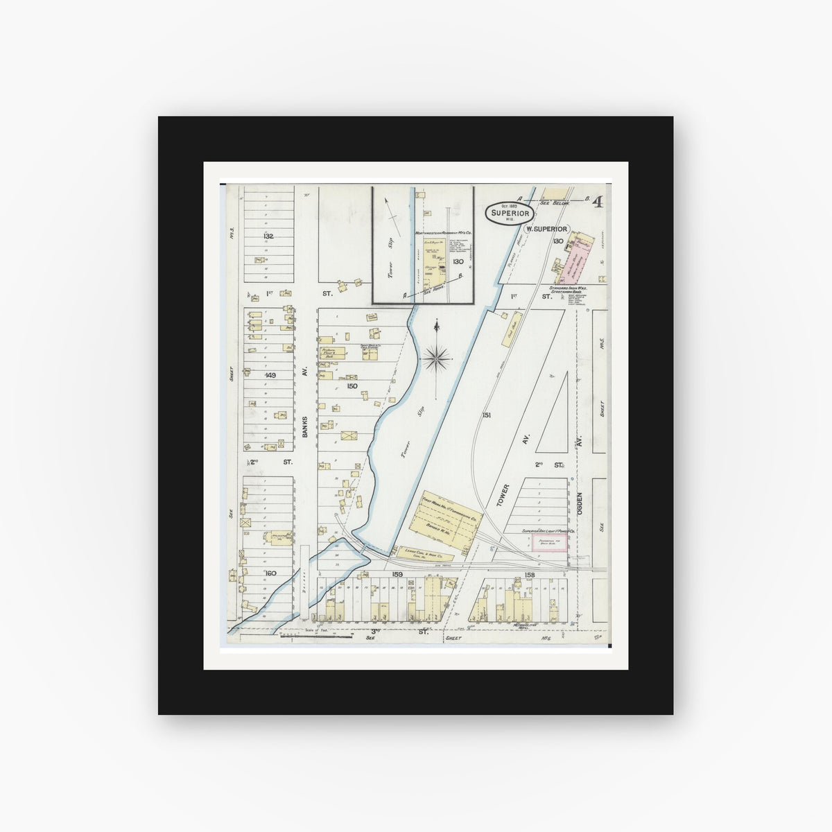 Old map wall art mockup — black gallery frame with white mat — Sanborn Fire Insurance Map from Superior, Douglas County, Wisconsin (1887), Sheet #0004