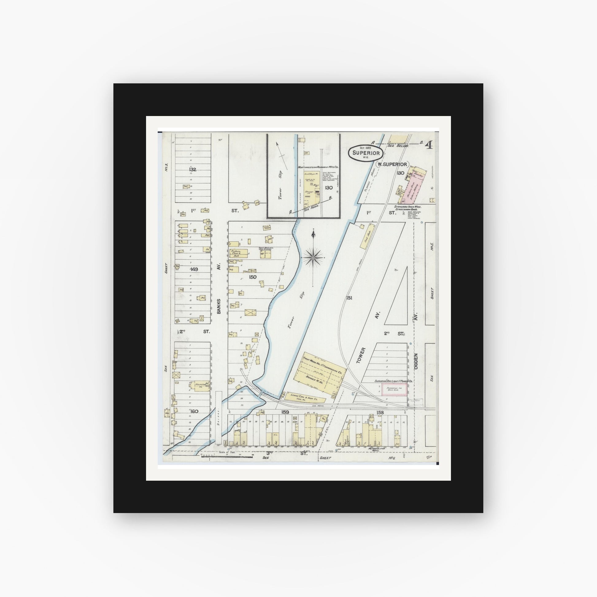 Old map wall art mockup — black gallery frame with white mat — Sanborn Fire Insurance Map from Superior, Douglas County, Wisconsin (1887), Sheet #0004