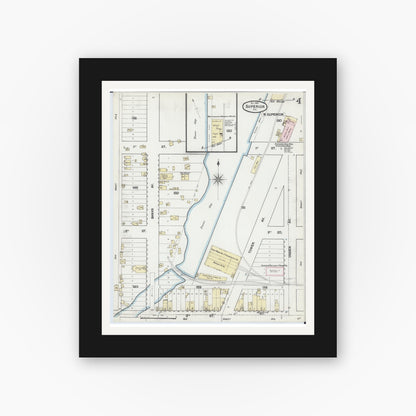 Old map wall art mockup — black gallery frame with white mat — Sanborn Fire Insurance Map from Superior, Douglas County, Wisconsin (1887), Sheet #0004
