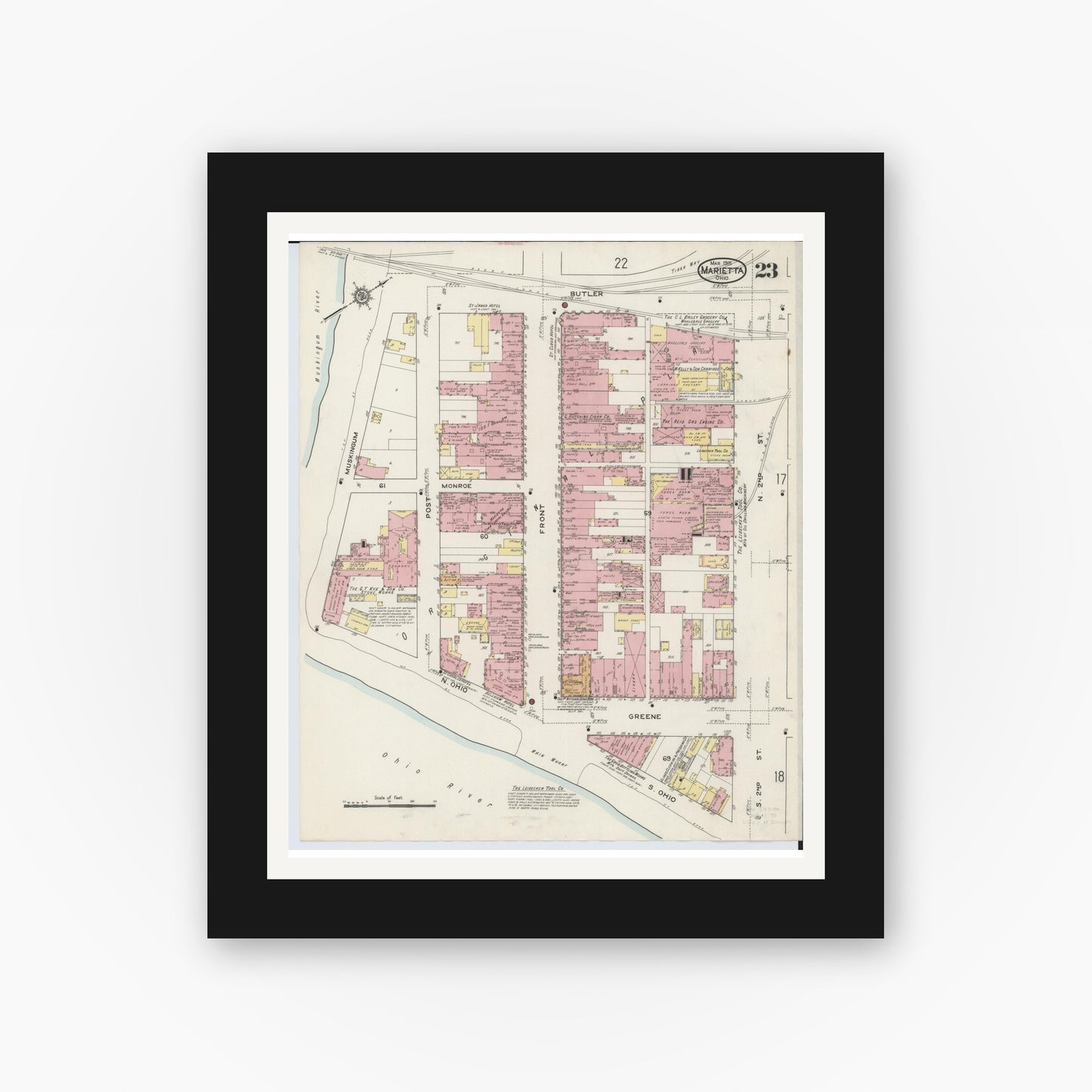 Old map wall art mockup — black gallery frame with white mat — Sanborn Fire Insurance Map from Marietta, Washington County, Ohio (1915), Sheet #0023