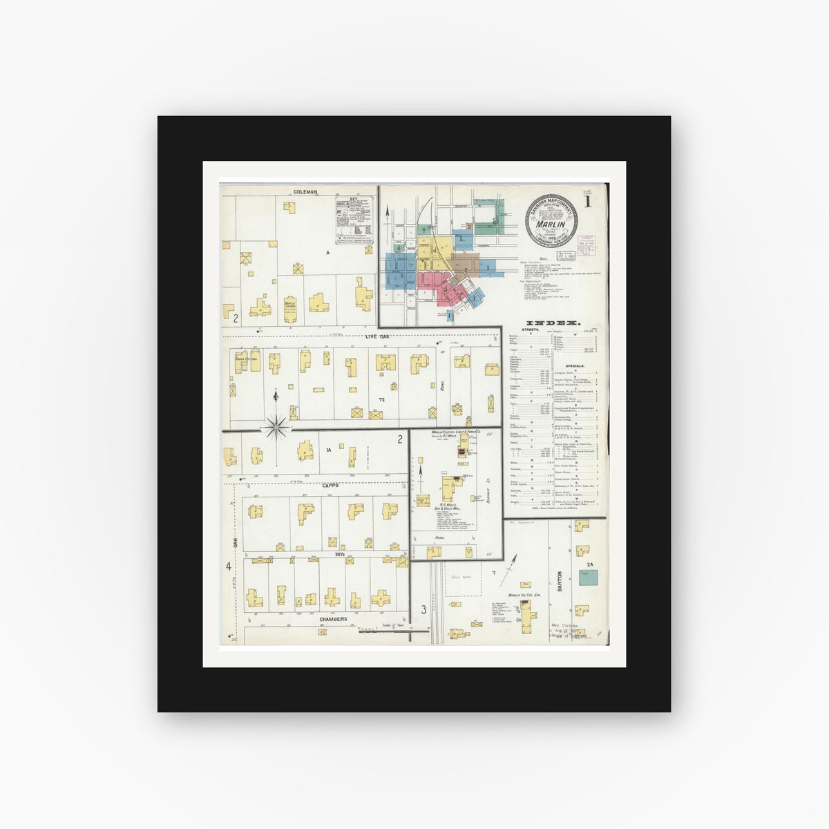 Old map wall art mockup — black gallery frame with white mat — Sanborn Fire Insurance Map from Marlin, Falls County, Texas (1903), Sheet #0001