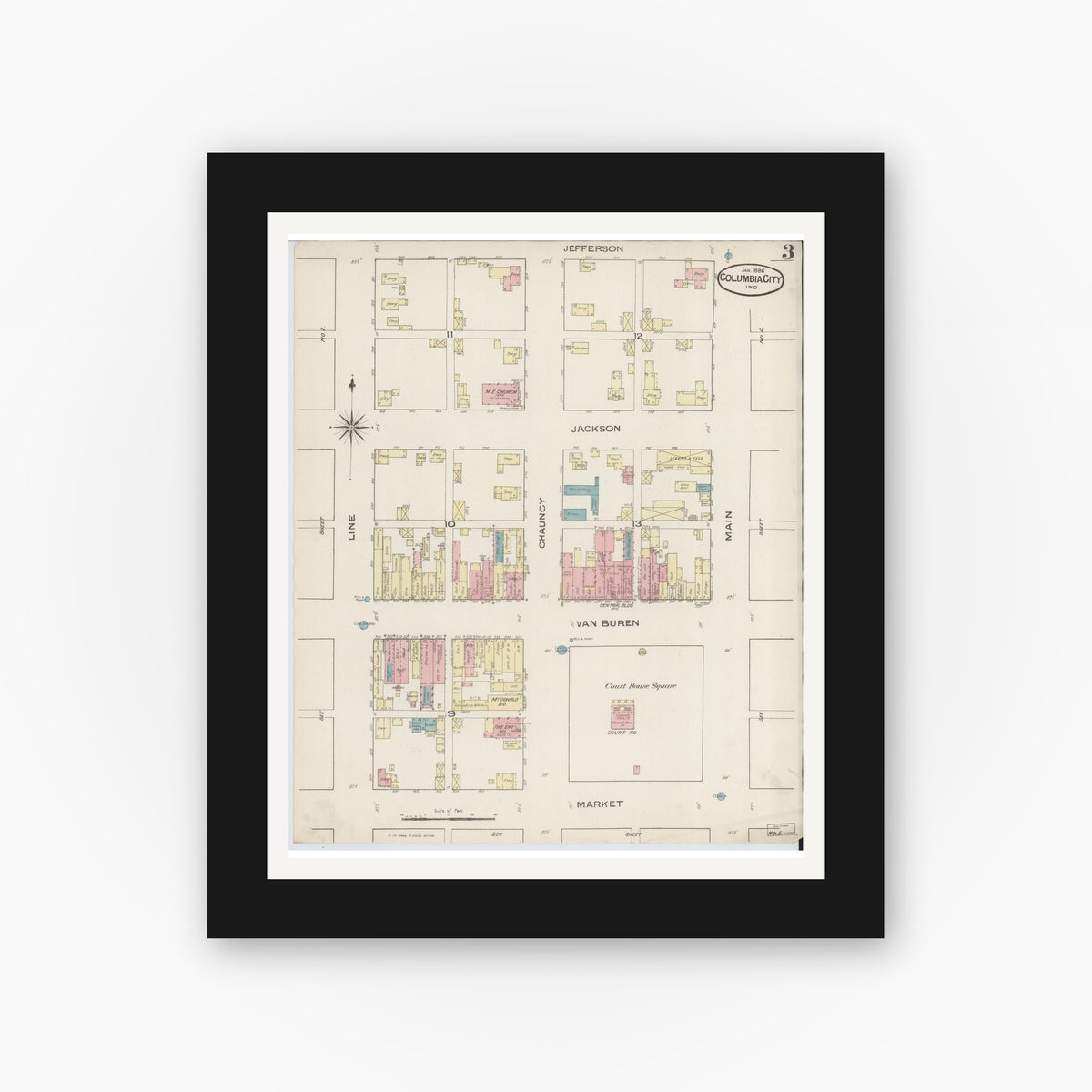 Old map wall art mockup — black gallery frame with white mat — Sanborn Fire Insurance Map from Columbia City, Whitley County, Indiana (1886), Sheet #0003