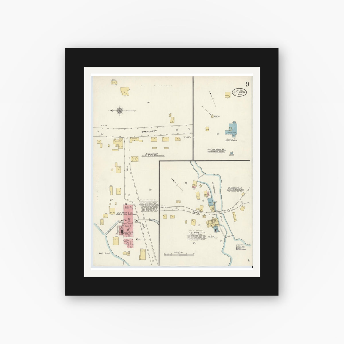 Old map wall art mockup — black gallery frame with white mat — Sanborn Fire Insurance Map from Holden, Worcester County, Massachusetts (1910), Sheet #0009