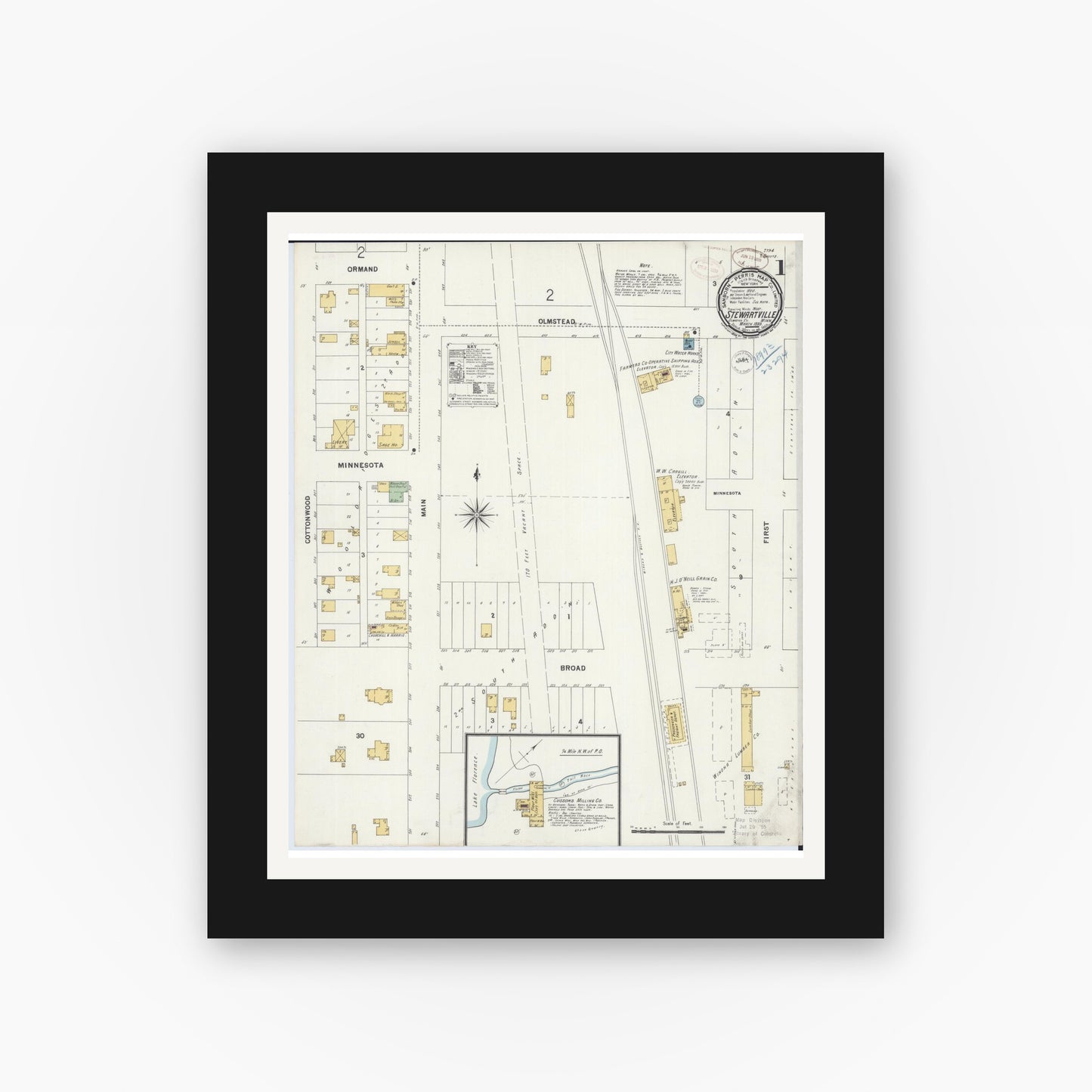Old map wall art mockup — black gallery frame with white mat — Sanborn Fire Insurance Map from Stewartville, Olmsted County, Minnesota (1899) - Complete Map Set