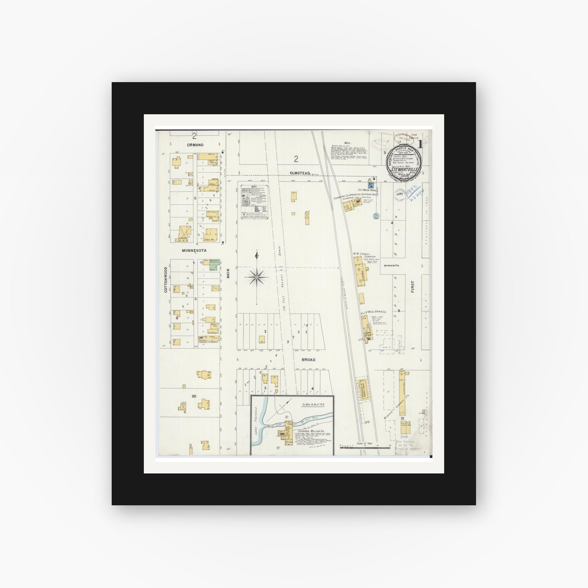 Old map wall art mockup — black gallery frame with white mat — Sanborn Fire Insurance Map from Stewartville, Olmsted County, Minnesota (1899) - Complete Map Set