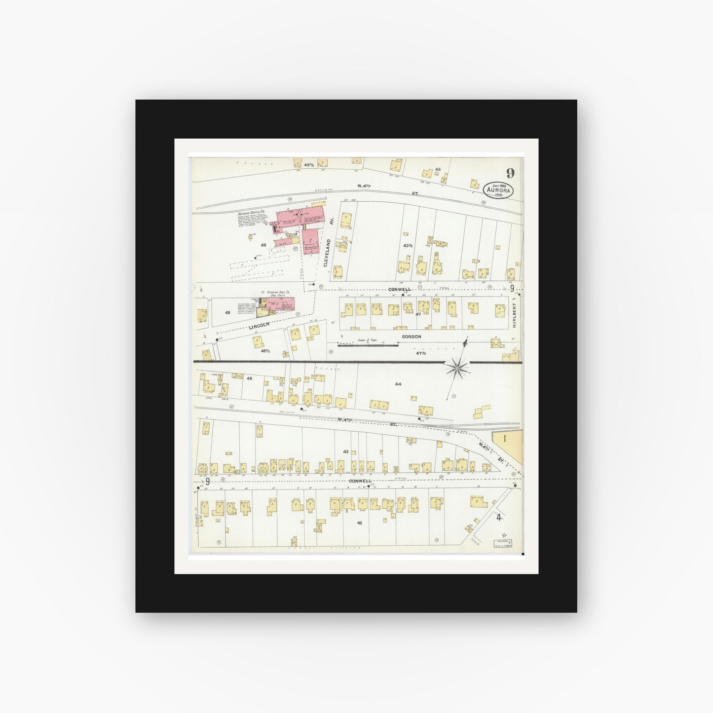 Old map wall art mockup — black gallery frame with white mat — Sanborn Fire Insurance Map from Aurora, Dearborn County, Indiana (1906), Sheet #0009