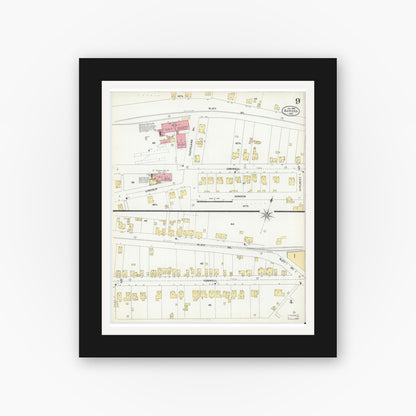 Old map wall art mockup — black gallery frame with white mat — Sanborn Fire Insurance Map from Aurora, Dearborn County, Indiana (1906), Sheet #0009