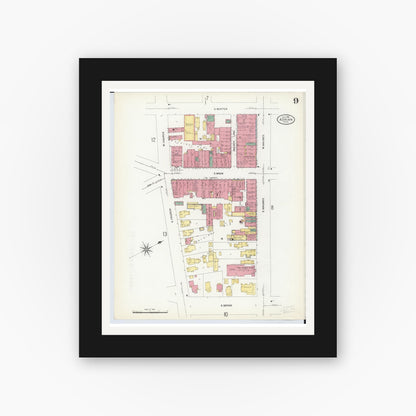 Old map wall art mockup — black gallery frame with white mat — Sanborn Fire Insurance Map from Adrian, Lenawee County, Michigan (1908), Sheet #0009
