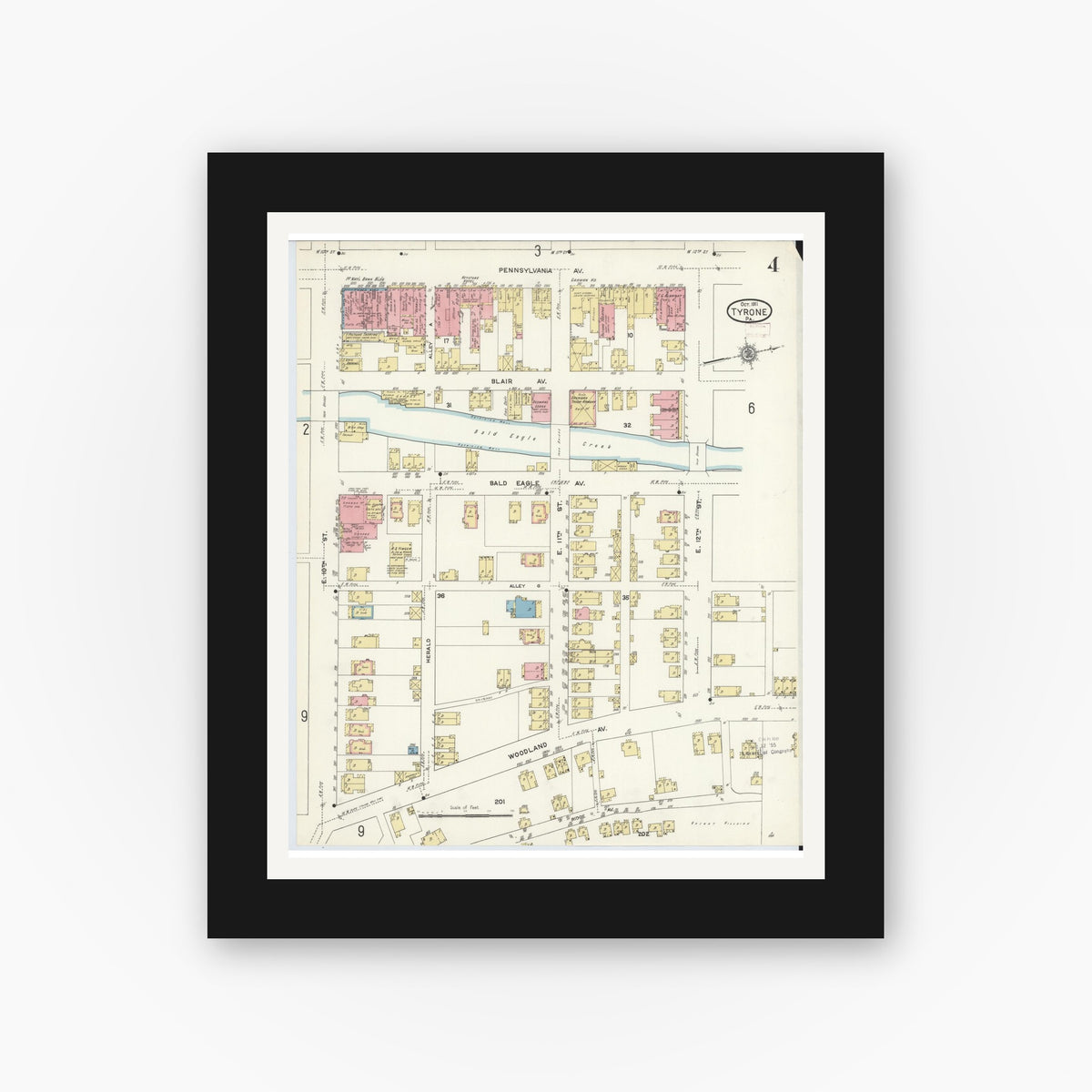 Old map wall art mockup — black gallery frame with white mat — Sanborn Fire Insurance Map from Tyrone, Blair County, Pennsylvania (1911), Sheet #0004