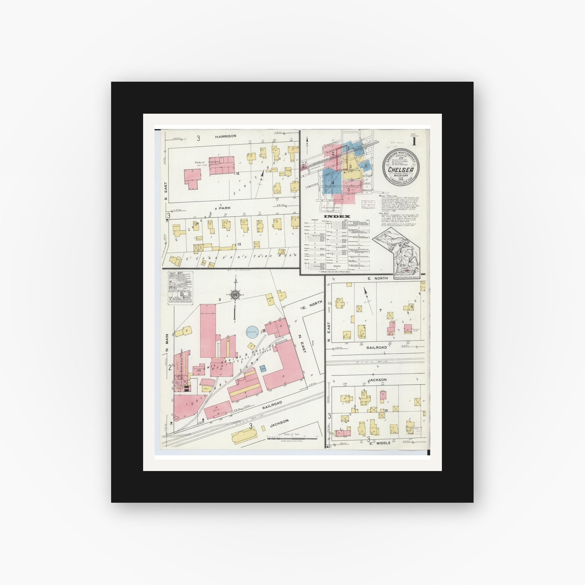 Old map wall art mockup — black gallery frame with white mat — Sanborn Fire Insurance Map from Chelsea, Washtenaw County, Michigan (1918) - Complete Map Set