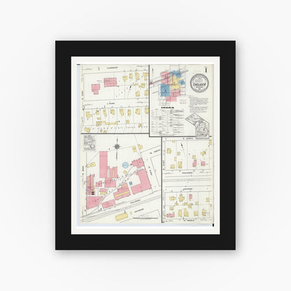 Old map wall art mockup — black gallery frame with white mat — Sanborn Fire Insurance Map from Chelsea, Washtenaw County, Michigan (1918) - Complete Map Set
