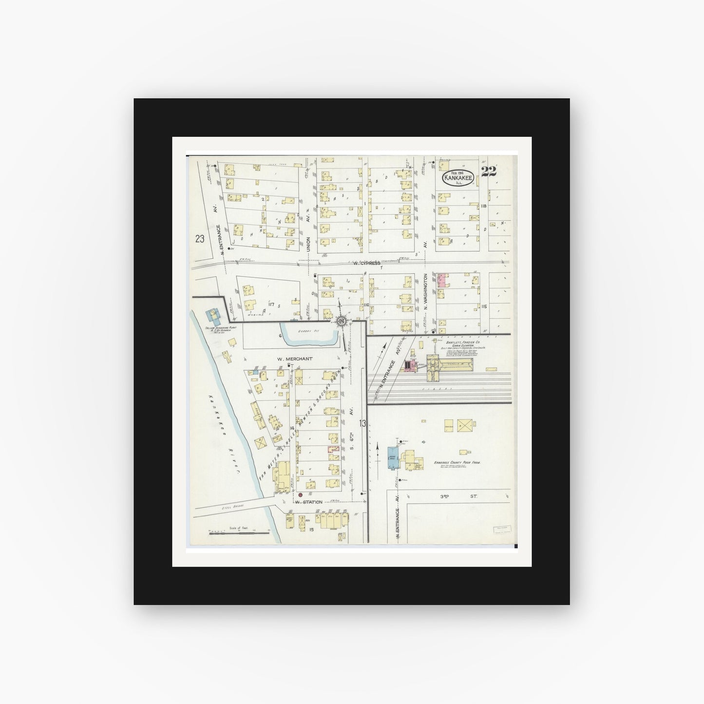 Old map wall art mockup — black gallery frame with white mat — Sanborn Fire Insurance Map from Kankakee, Kankakee County, Illinois (1914), Sheet #0022