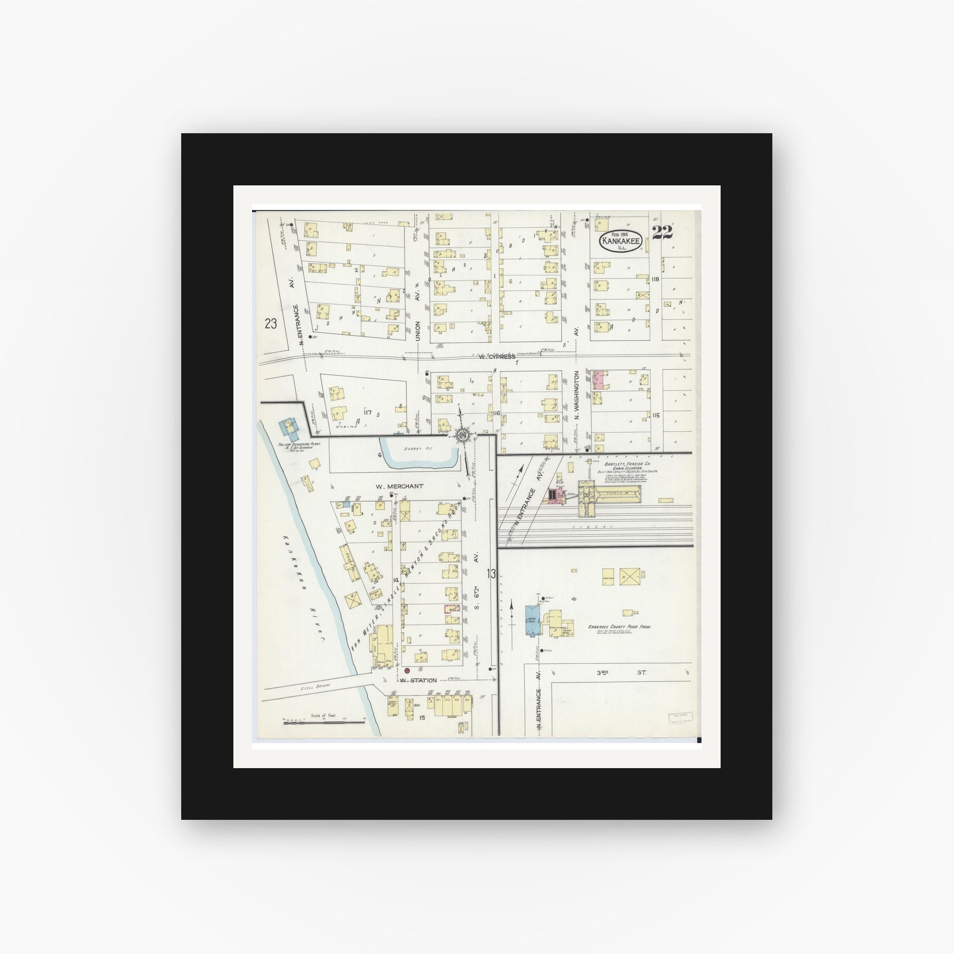 Old map wall art mockup — black gallery frame with white mat — Sanborn Fire Insurance Map from Kankakee, Kankakee County, Illinois (1914), Sheet #0022