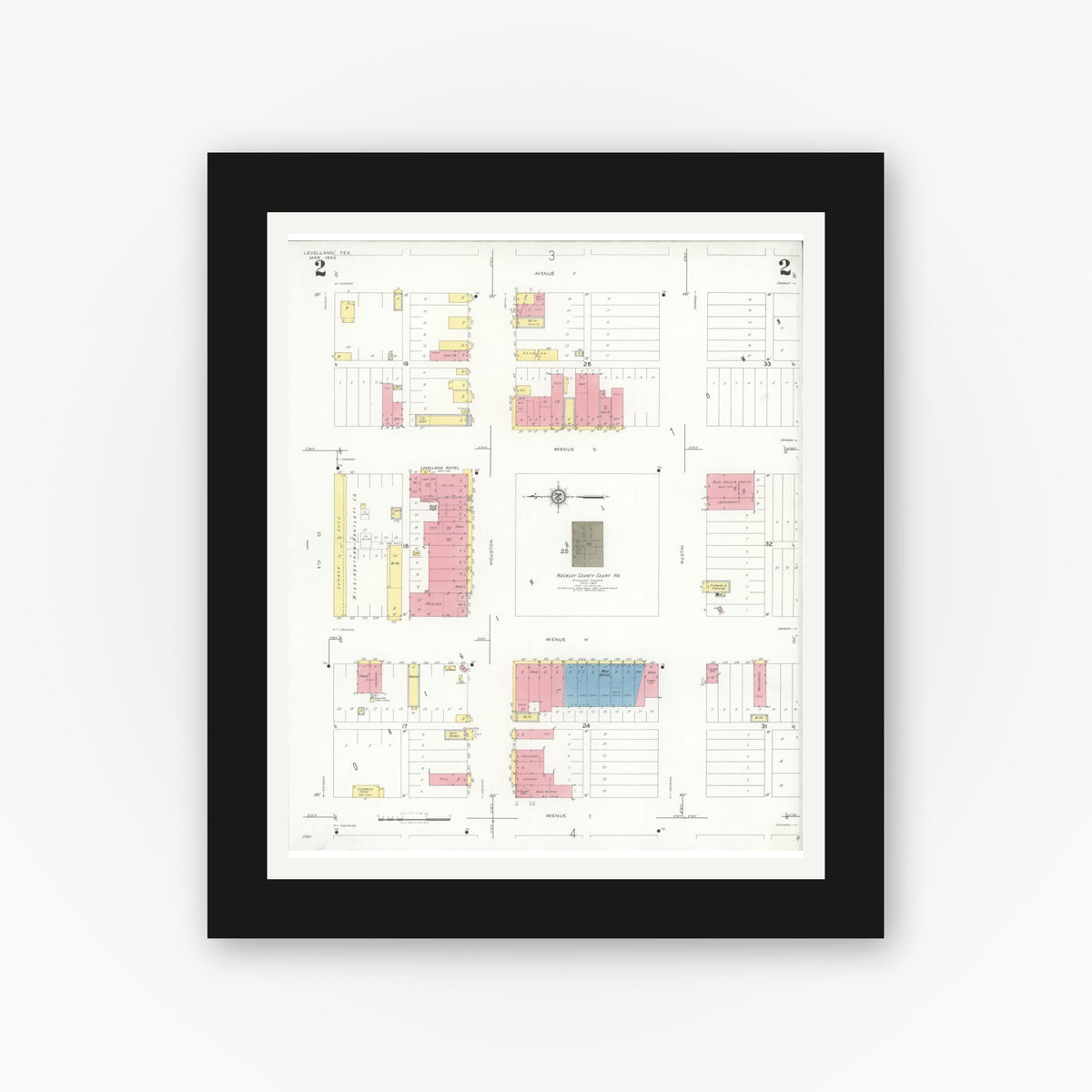 Old map wall art mockup — black gallery frame with white mat — Sanborn Fire Insurance Map from Levelland, Hockley County, Texas (1933), Sheet #0002