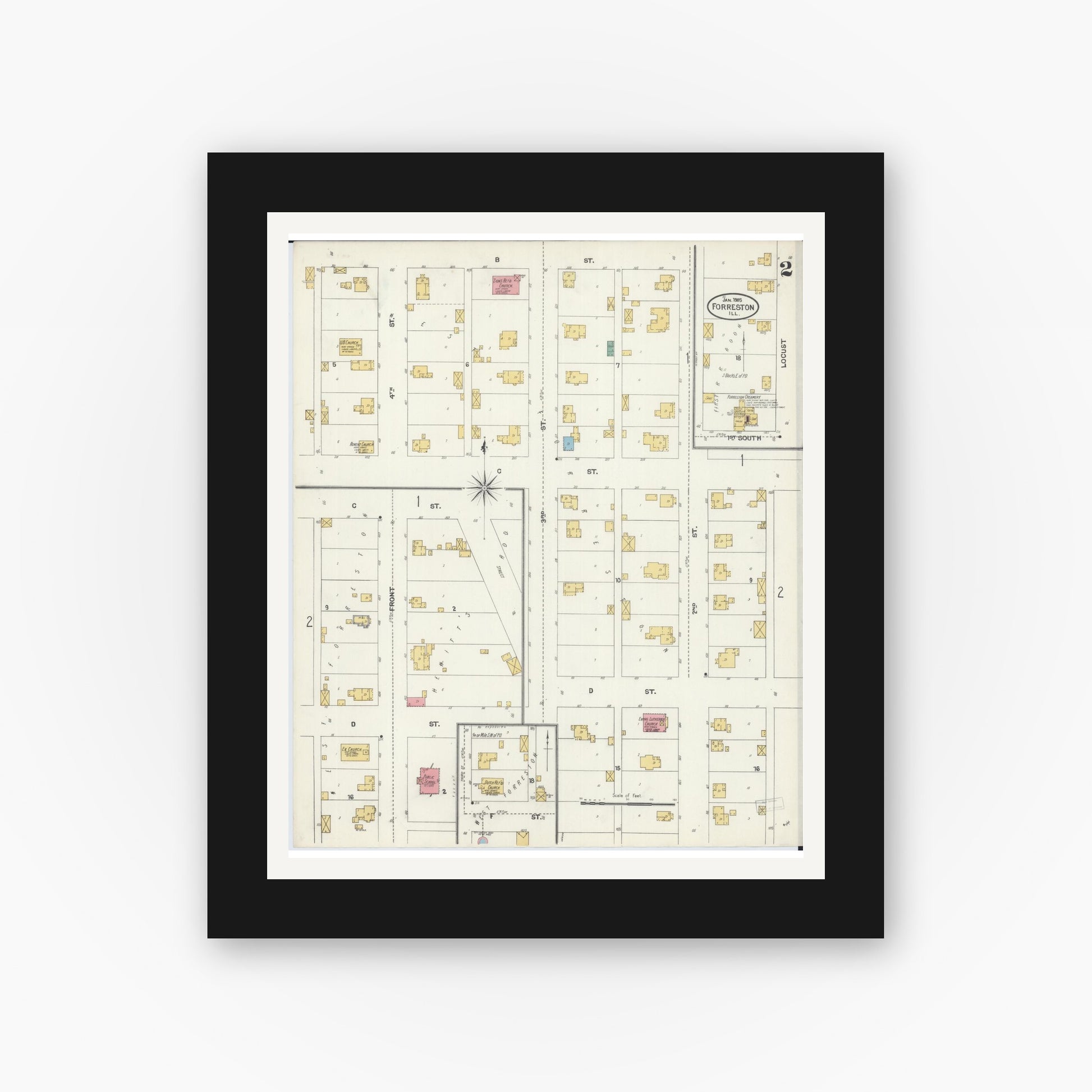 Old map wall art mockup — black gallery frame with white mat — Sanborn Fire Insurance Map from Forreston, Ogle County, Illinois (1905), Sheet #0002