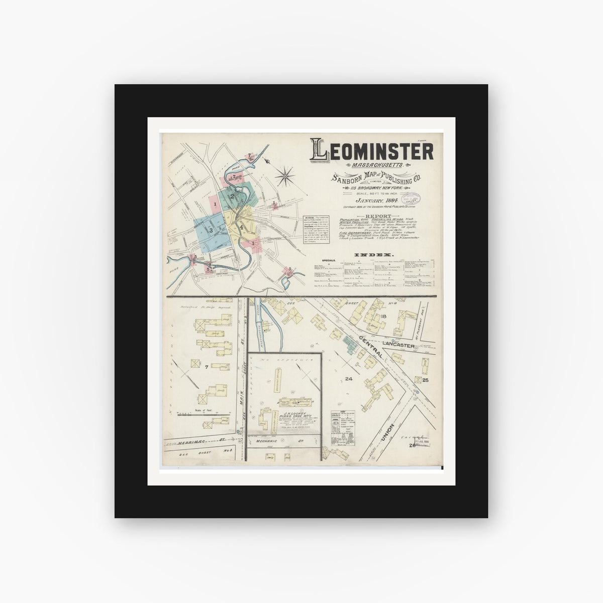 Old map wall art mockup — black gallery frame with white mat — Sanborn Fire Insurance Map from Leominster, Worcester County, Massachusetts (1884) - Complete Map Set