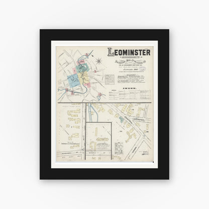 Old map wall art mockup — black gallery frame with white mat — Sanborn Fire Insurance Map from Leominster, Worcester County, Massachusetts (1884) - Complete Map Set