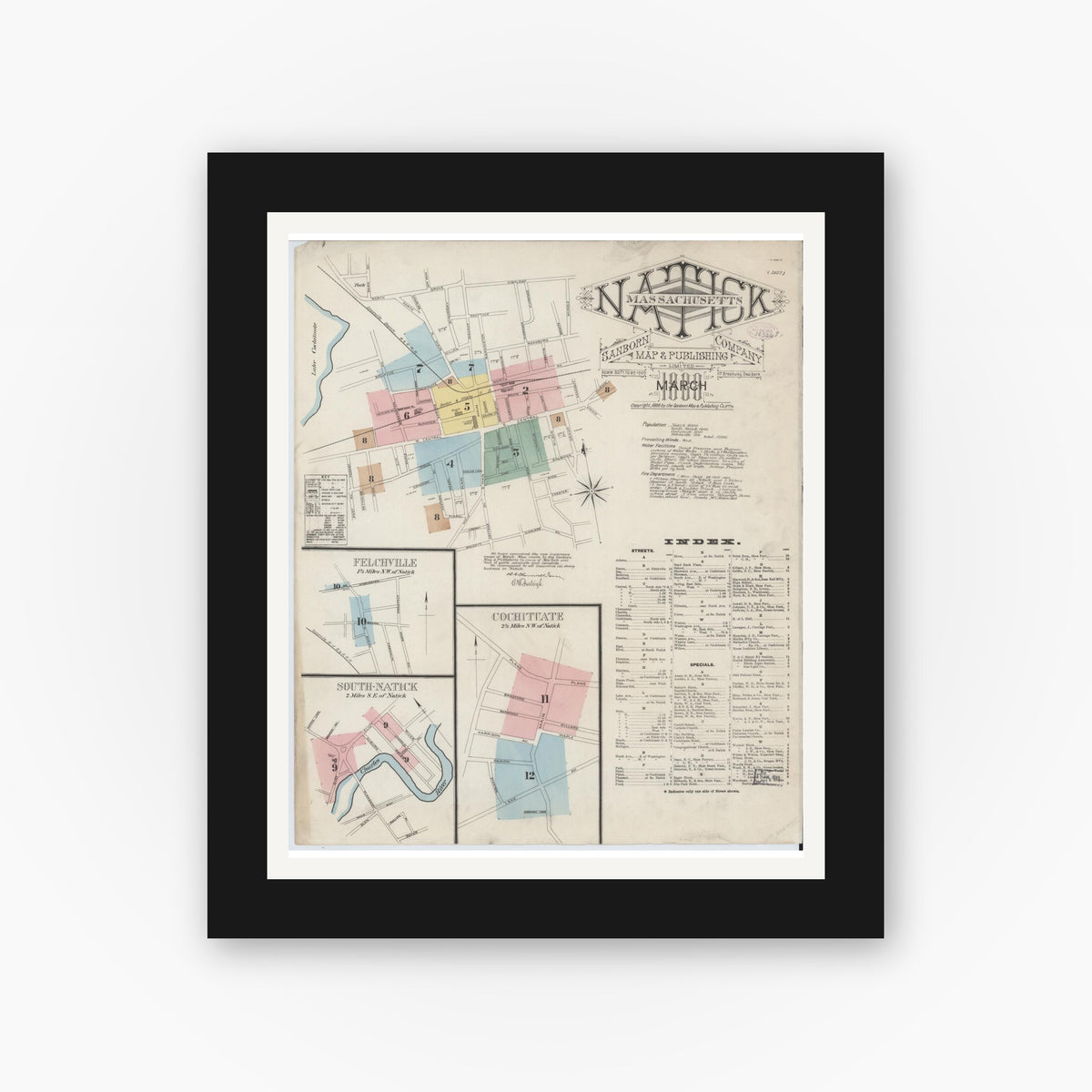 Old map wall art mockup — black gallery frame with white mat — Sanborn Fire Insurance Map from Natick, Middlesex County, Massachusetts (1888) - Complete Map Set