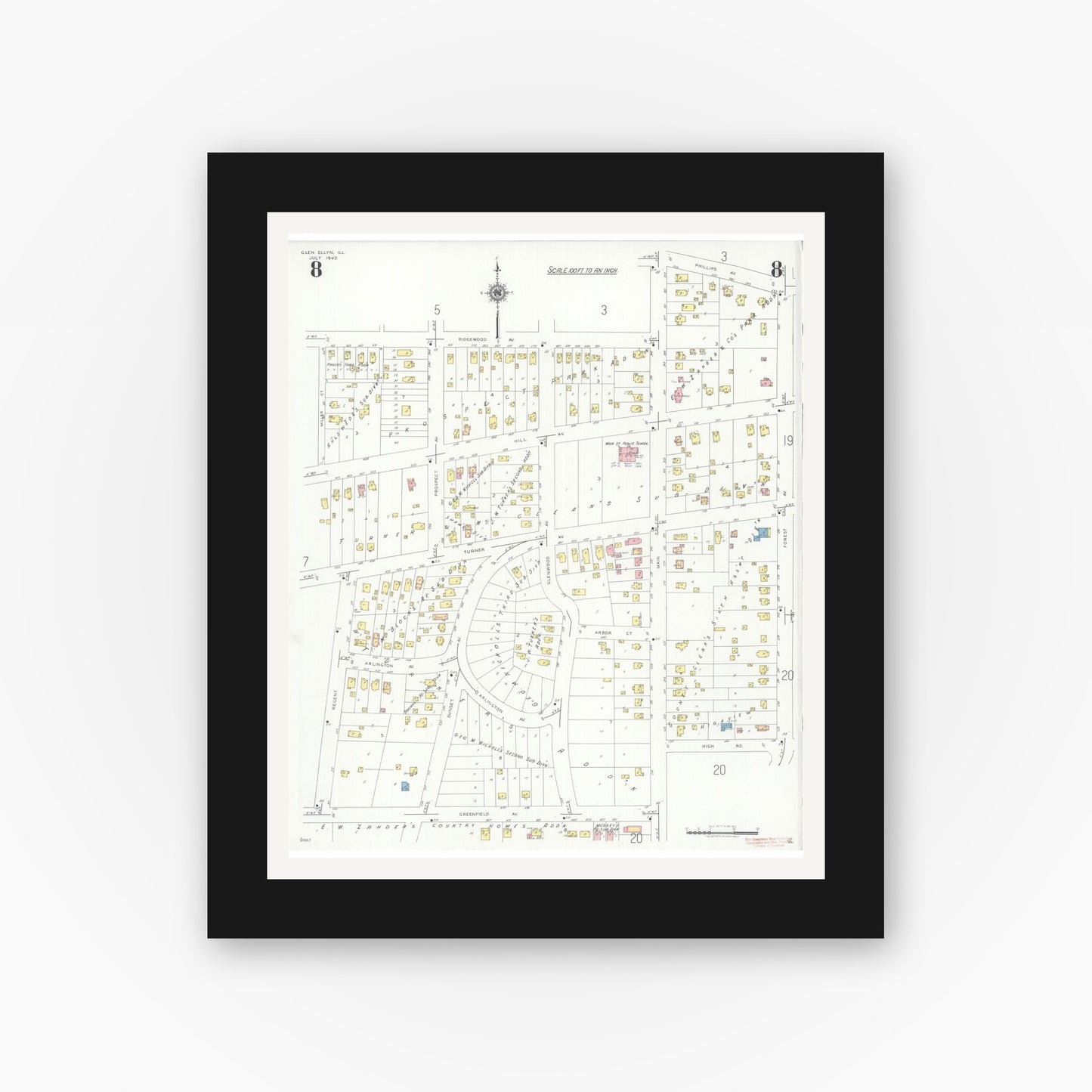 Old map wall art mockup — black gallery frame with white mat — Sanborn Fire Insurance Map from Glen Ellyn, Du Page County, Illinois (1940), Sheet #0008