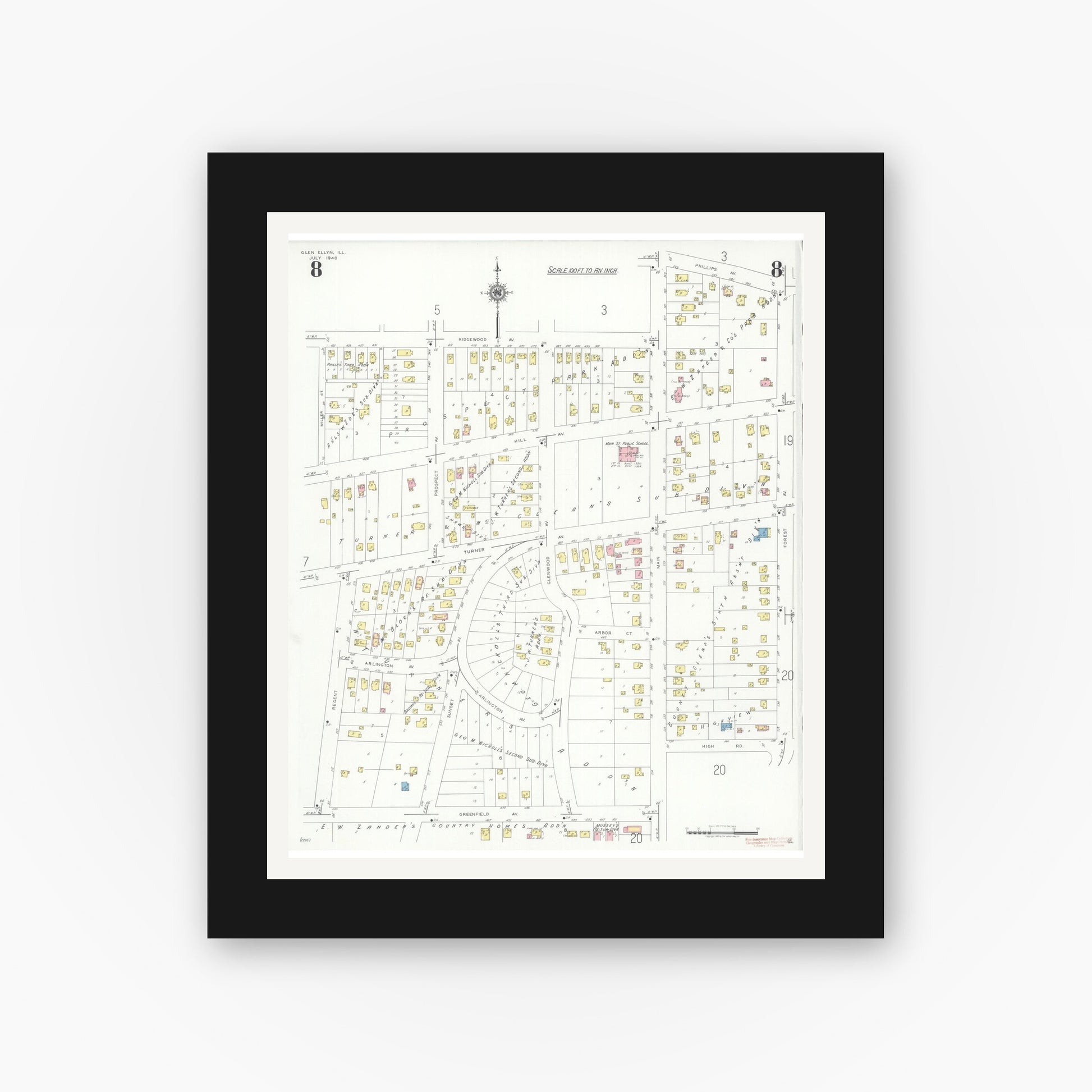Old map wall art mockup — black gallery frame with white mat — Sanborn Fire Insurance Map from Glen Ellyn, Du Page County, Illinois (1940), Sheet #0008