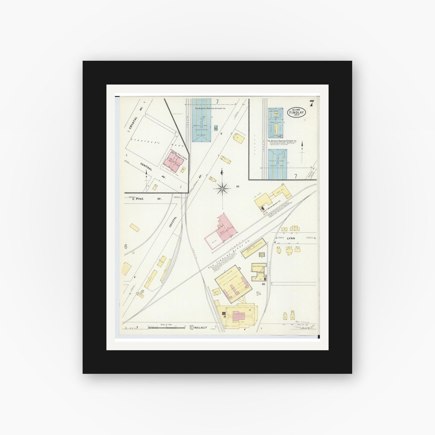 Old map wall art mockup — black gallery frame with white mat — Sanborn Fire Insurance Map from Findlay, Hancock County, Ohio (1908), Sheet #0007