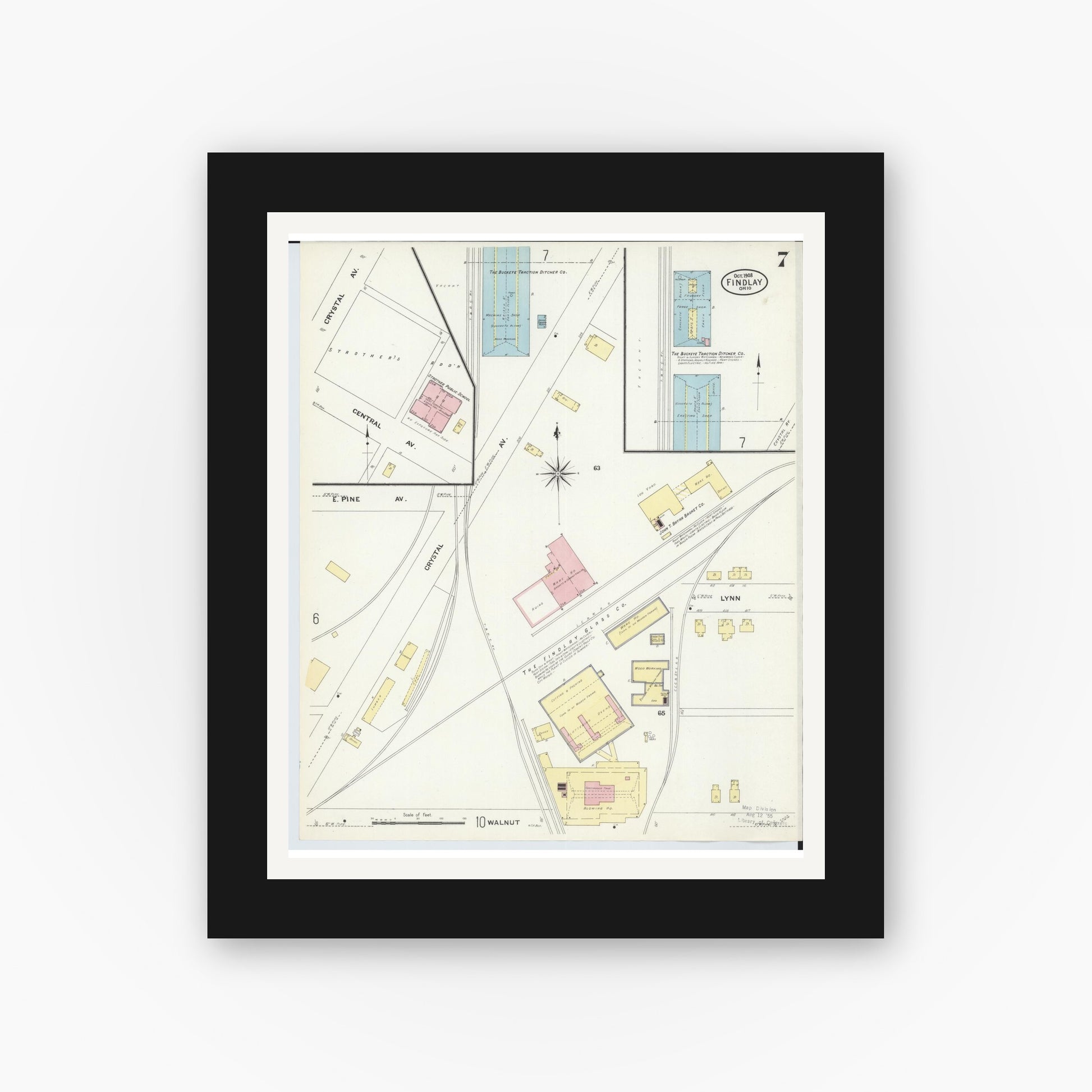 Old map wall art mockup — black gallery frame with white mat — Sanborn Fire Insurance Map from Findlay, Hancock County, Ohio (1908), Sheet #0007