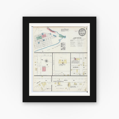 Old map wall art mockup — black gallery frame with white mat — Sanborn Fire Insurance Map from Gladstone, Delta County, Michigan (1890) - Complete Map Set