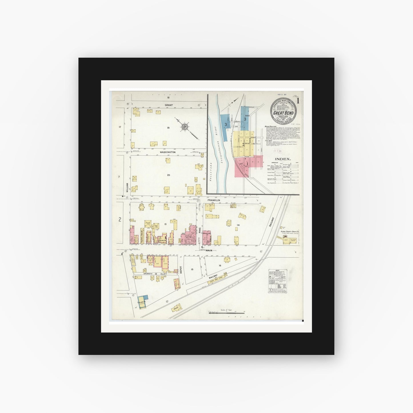 Old map wall art mockup — black gallery frame with white mat — Sanborn Fire Insurance Map from Great Bend, Susquehanna County, Pennsylvania (1911) - Complete Map Set