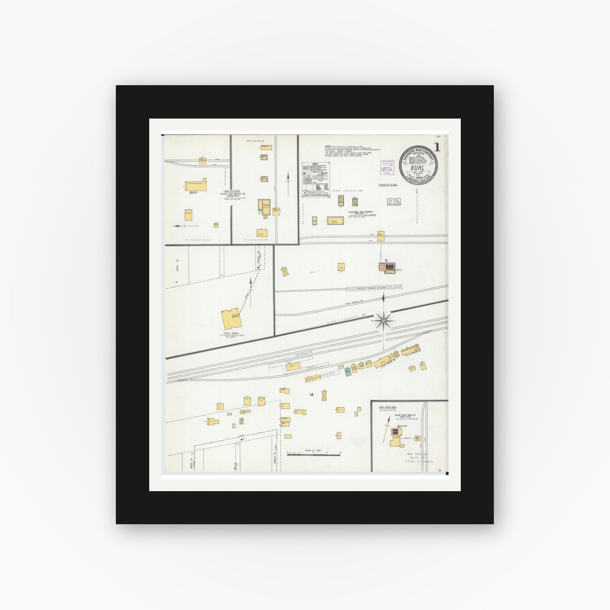 Old map wall art mockup — black gallery frame with white mat — Sanborn Fire Insurance Map from Buhl, Saint Louis County, Minnesota (1904), Sheet #0001