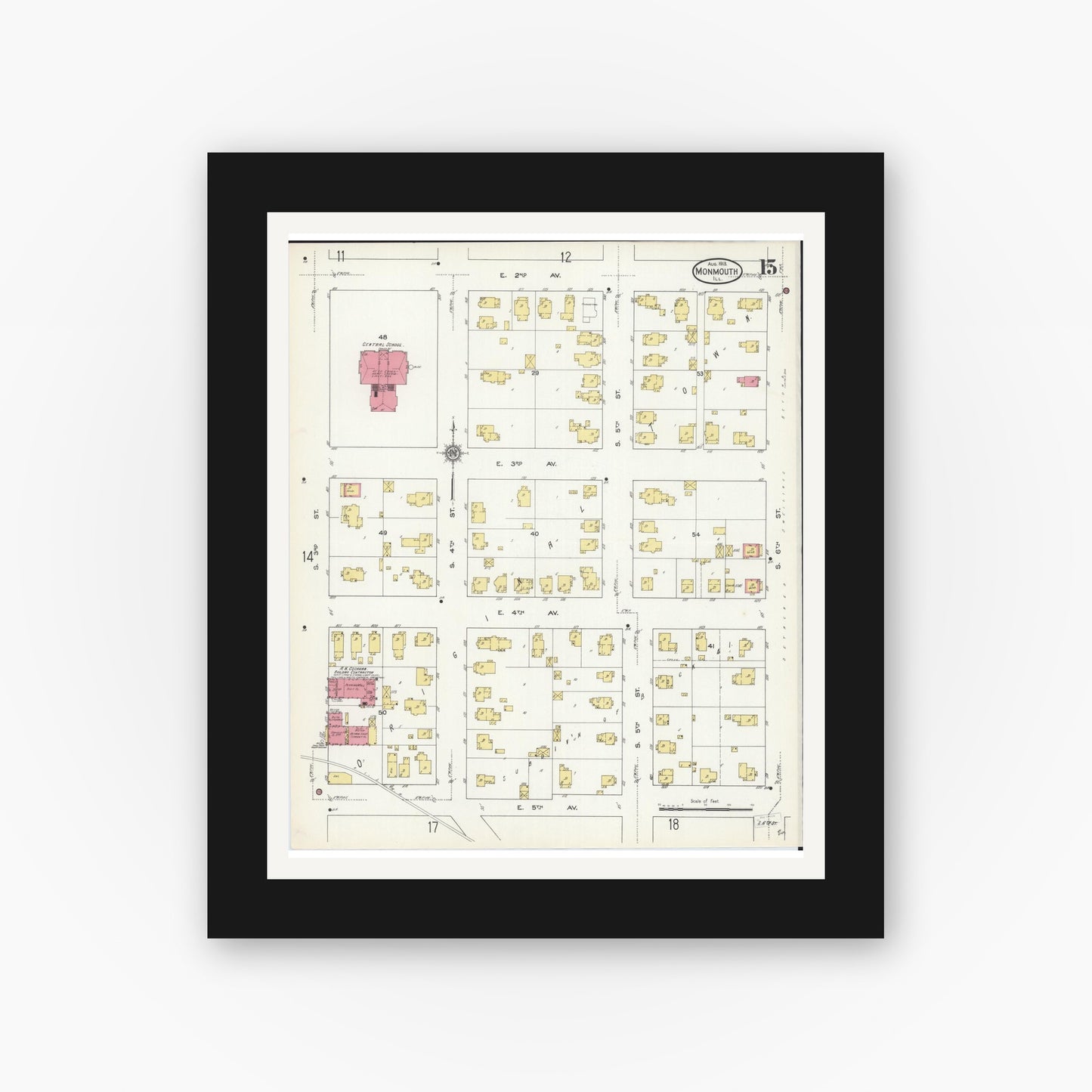 Old map wall art mockup — black gallery frame with white mat — Sanborn Fire Insurance Map from Monmouth, Warren County, Illinois (1913), Sheet #0015