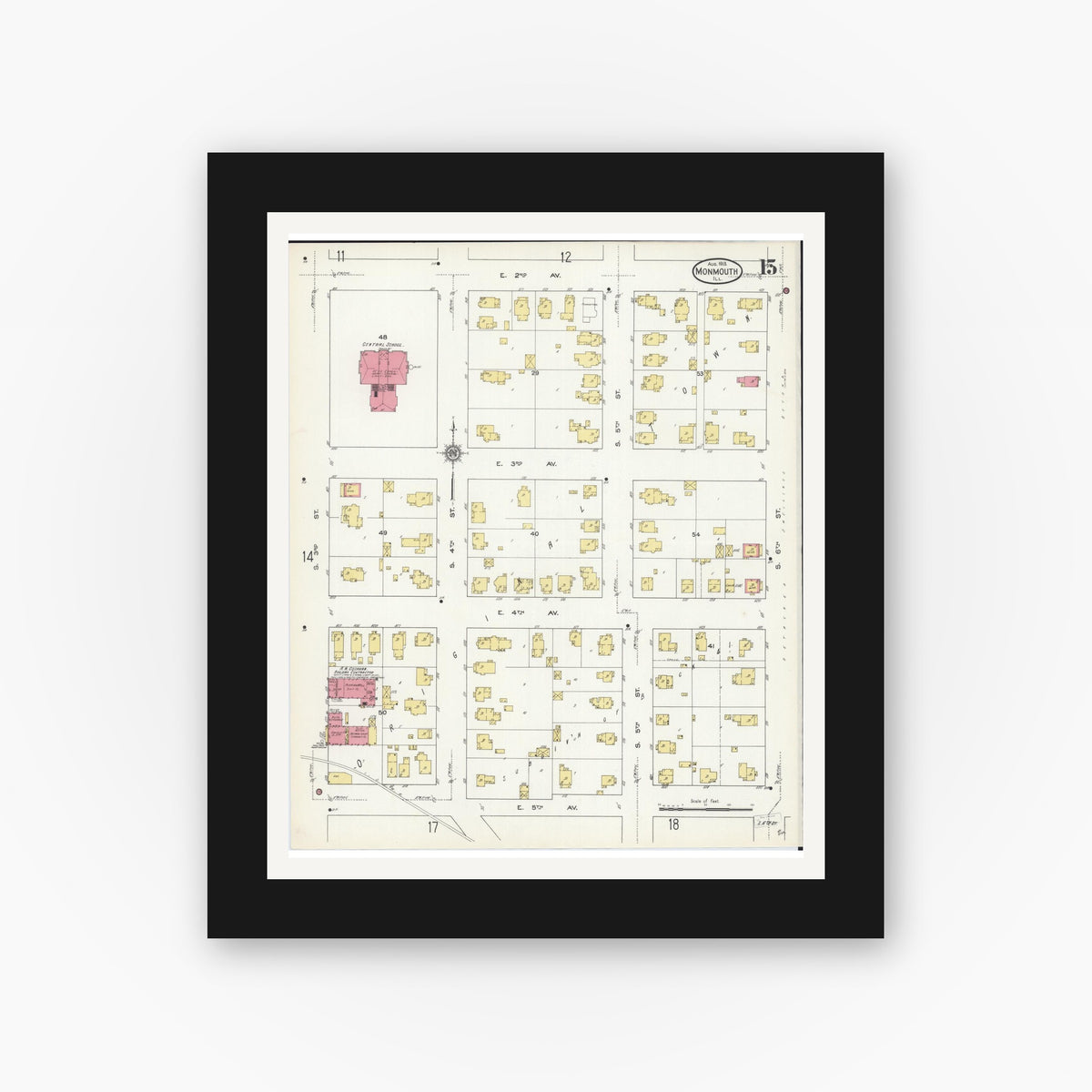 Old map wall art mockup — black gallery frame with white mat — Sanborn Fire Insurance Map from Monmouth, Warren County, Illinois (1913), Sheet #0015