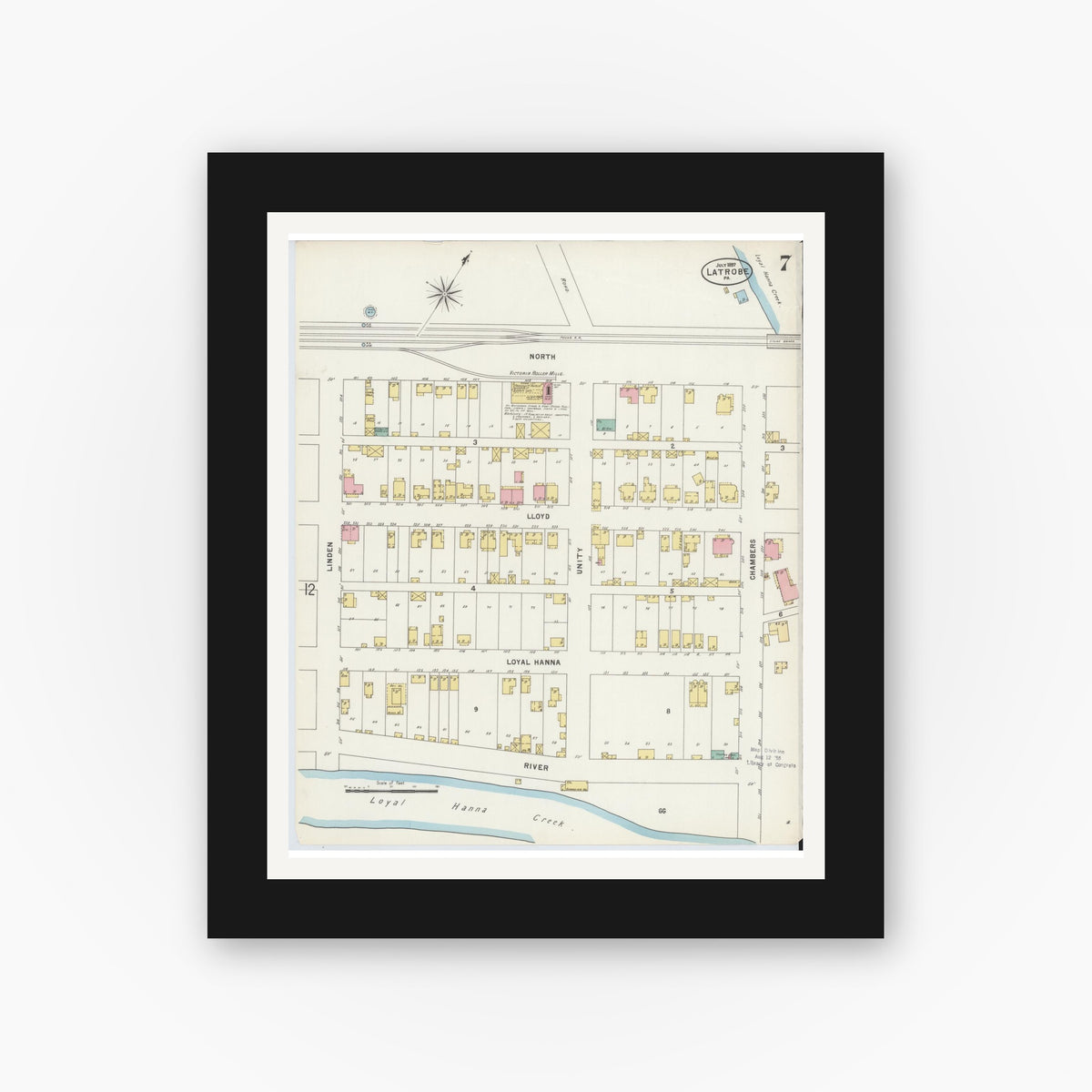 Old map wall art mockup — black gallery frame with white mat — Sanborn Fire Insurance Map from Latrobe, Westmoreland County, Pennsylvania (1897), Sheet #0007