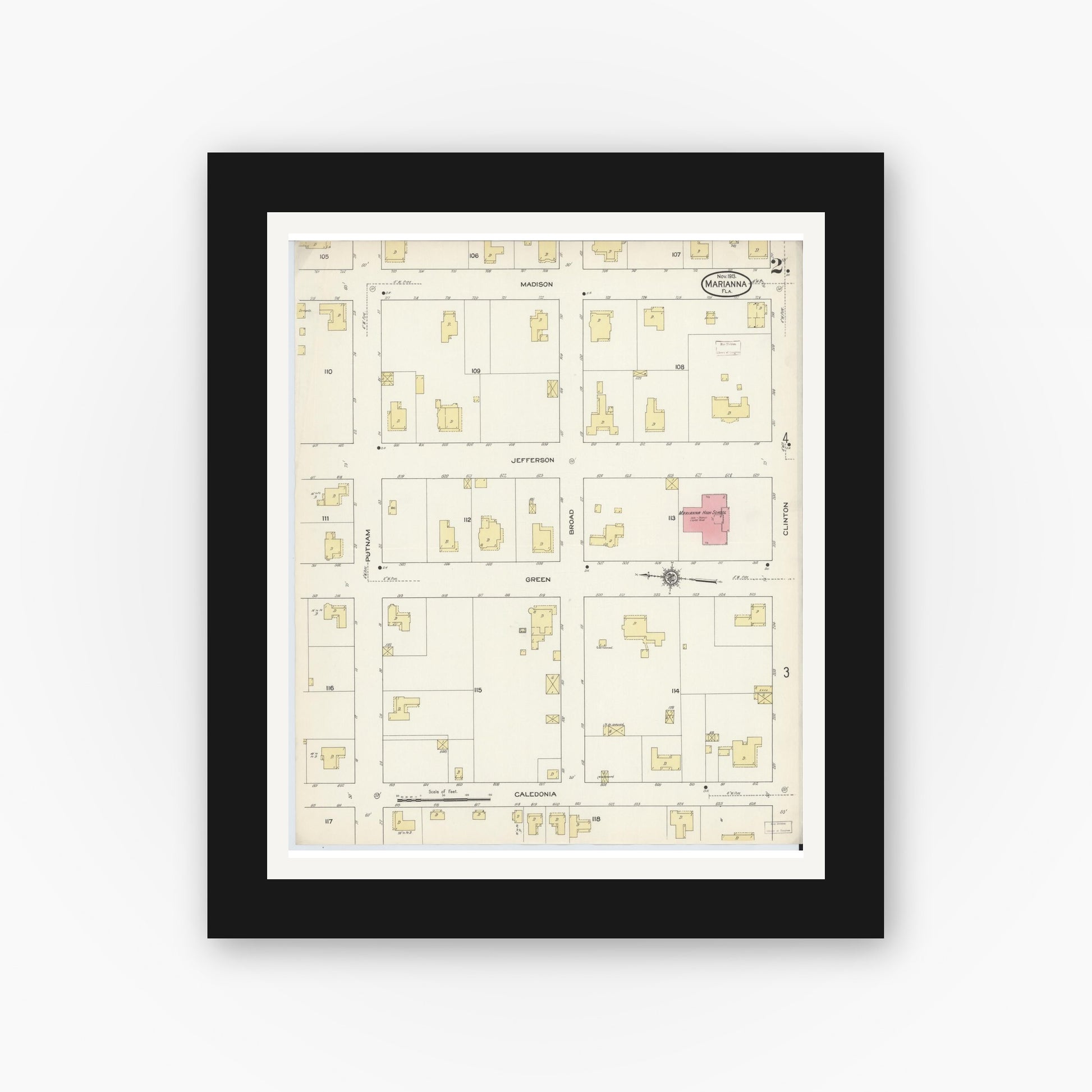 Old map wall art mockup — black gallery frame with white mat — Sanborn Fire Insurance Map from Marianna, Jackson County, Florida (1913), Sheet #0002